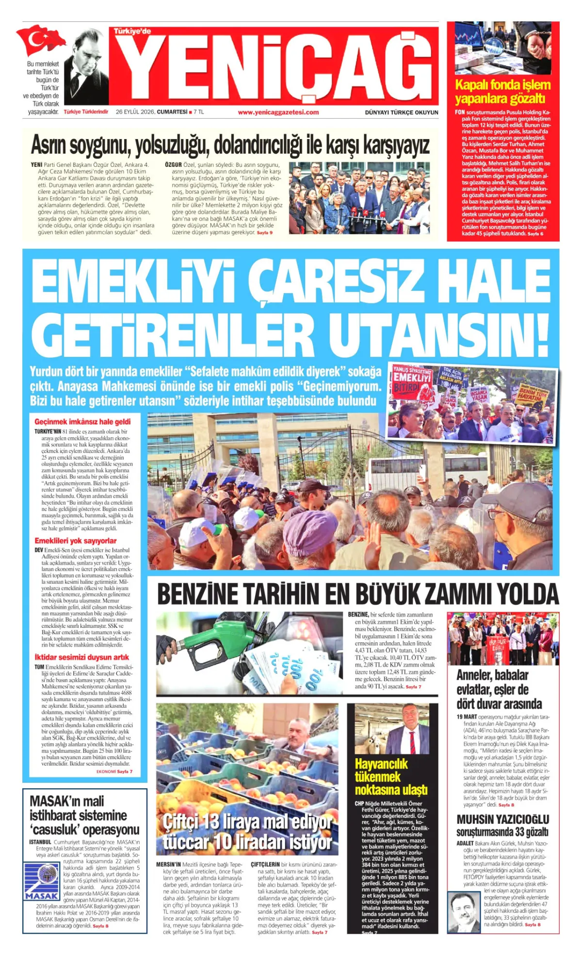 Yeniçağ birinci sayfa manşeti (27 Eylül 2026)