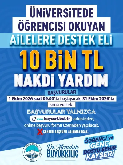 Kayseri Büyükşehir Belediyesinden Üniversite Öğrencisi Olan Ailelere 10 Bin TL Nakdi Destek