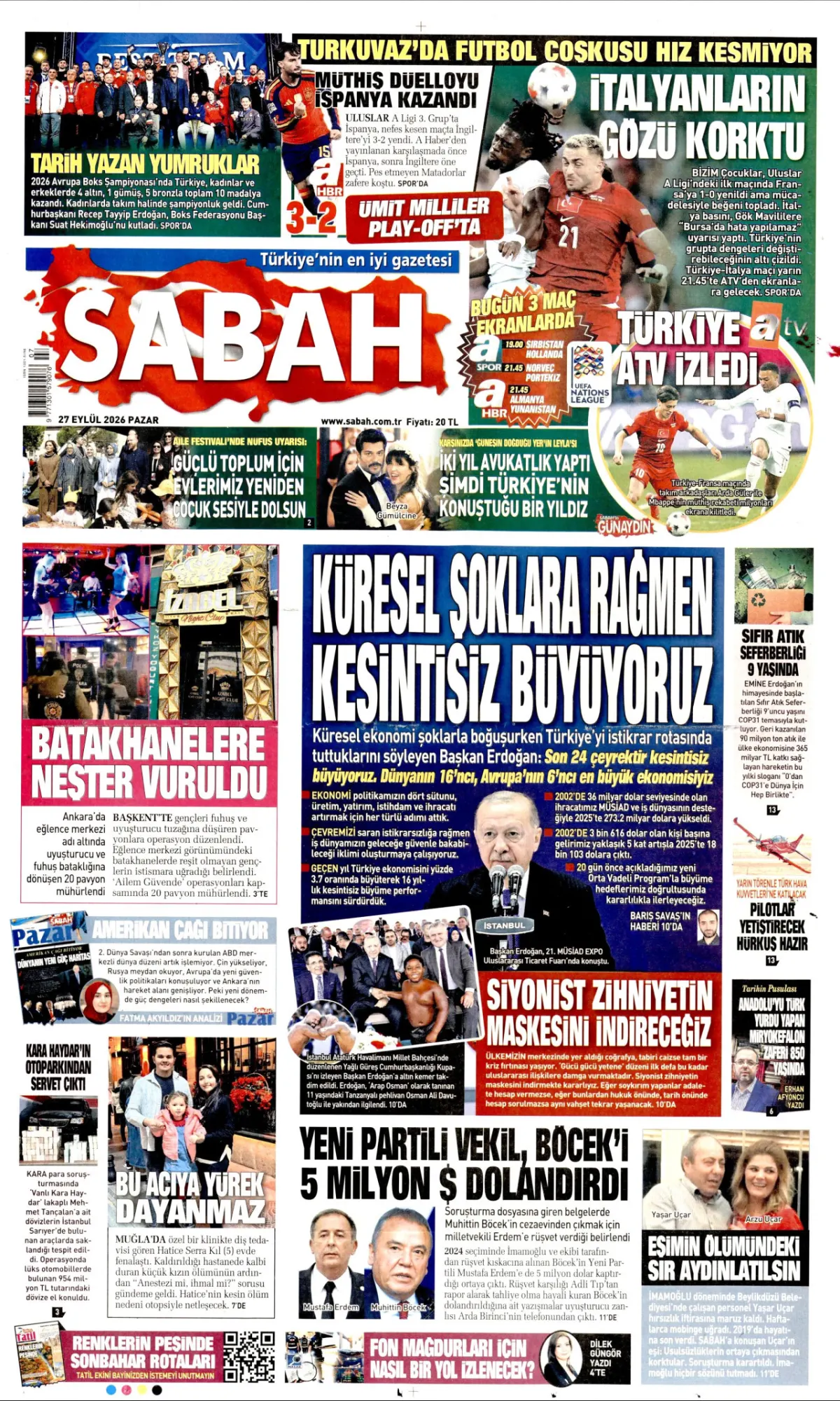Sabah birinci sayfa manşeti (28 Eylül 2026)