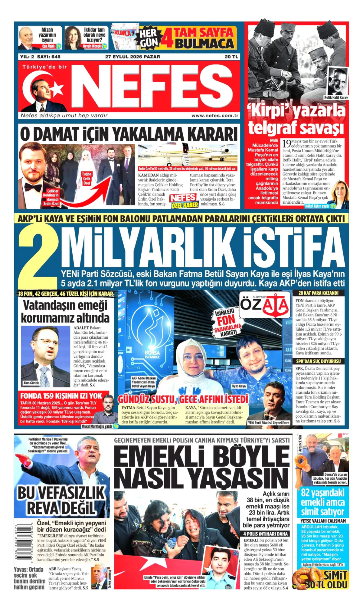 Nefes birinci sayfa manşeti (28 Eylül 2026)