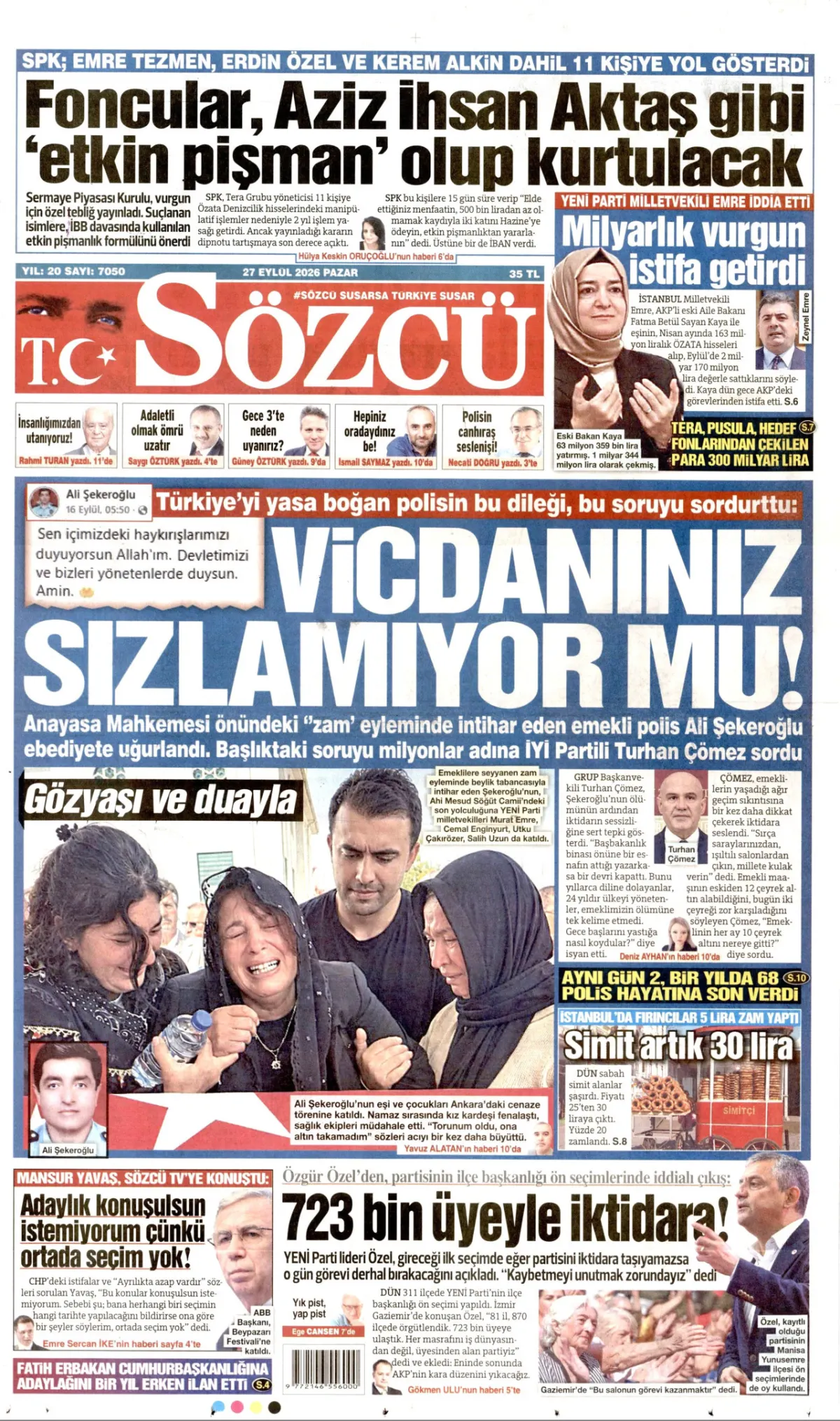 Sözcü birinci sayfa manşeti (28 Eylül 2026)