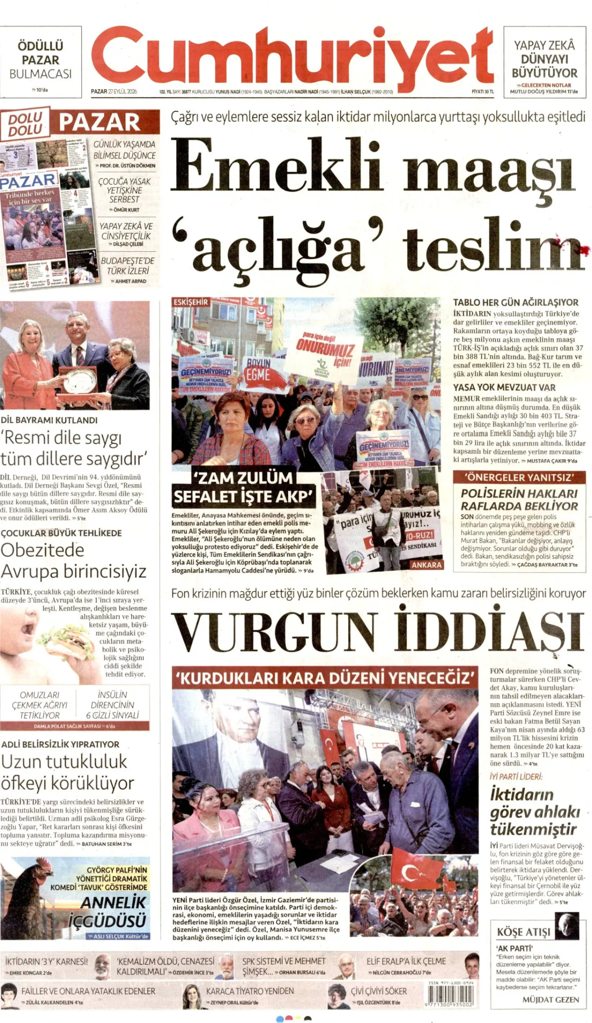 Cumhuriyet birinci sayfa manşeti (28 Eylül 2026)