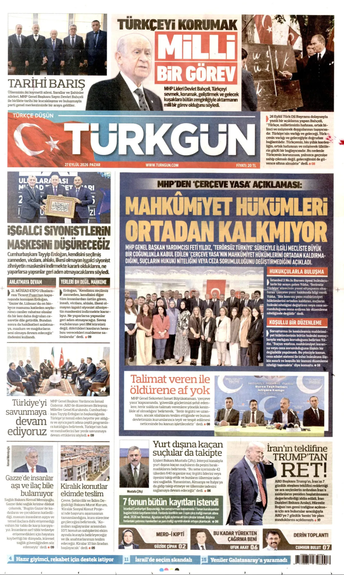 Türkgün birinci sayfa manşeti (28 Eylül 2026)
