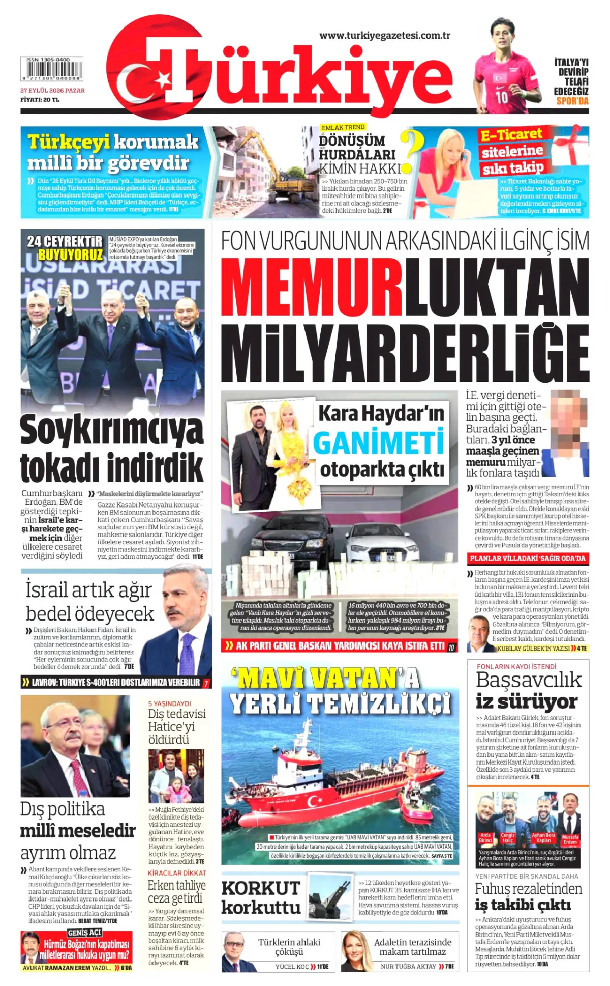 Türkiye birinci sayfa manşeti (28 Eylül 2026)