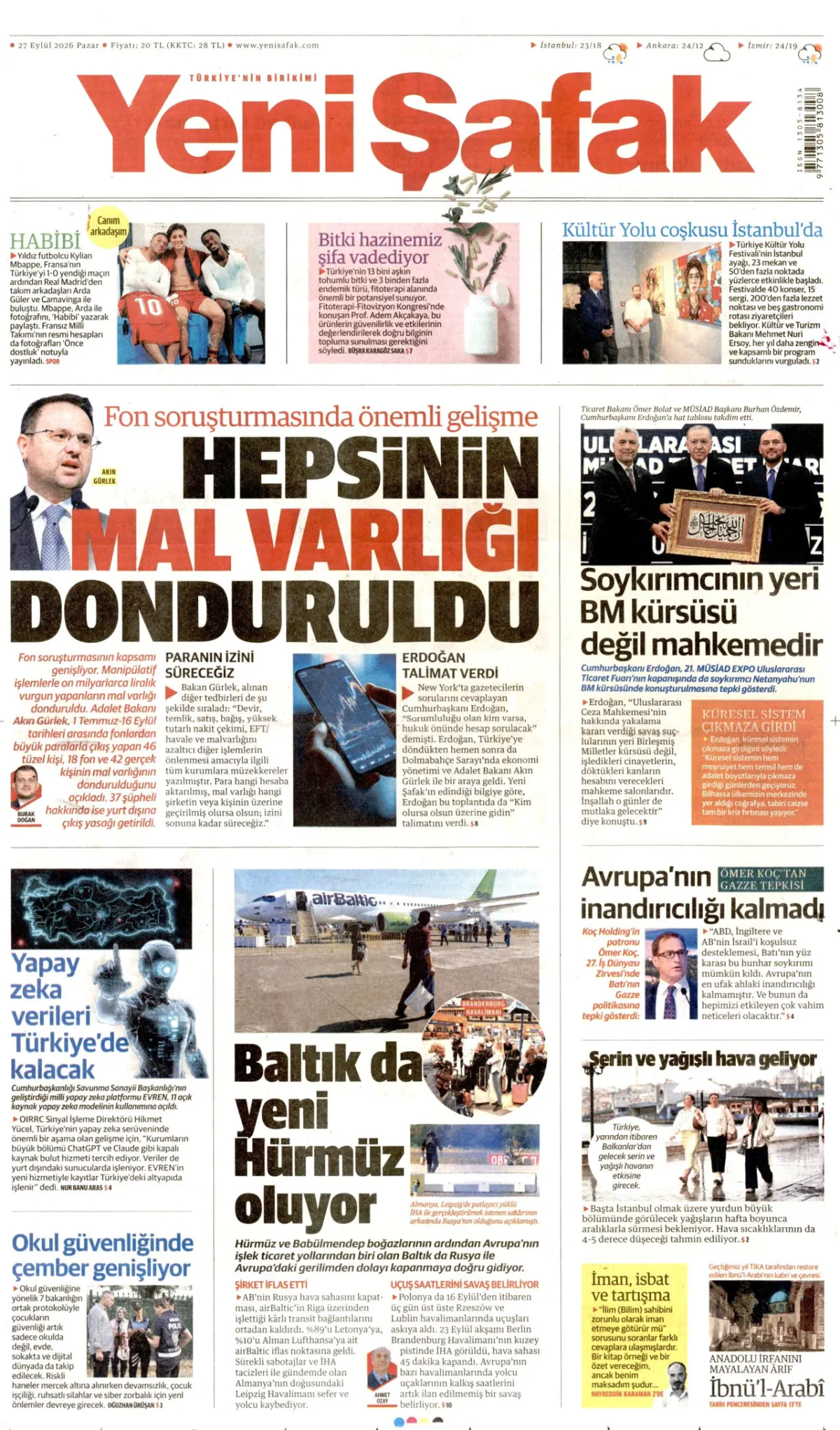 Yeni Şafak birinci sayfa manşeti (28 Eylül 2026)