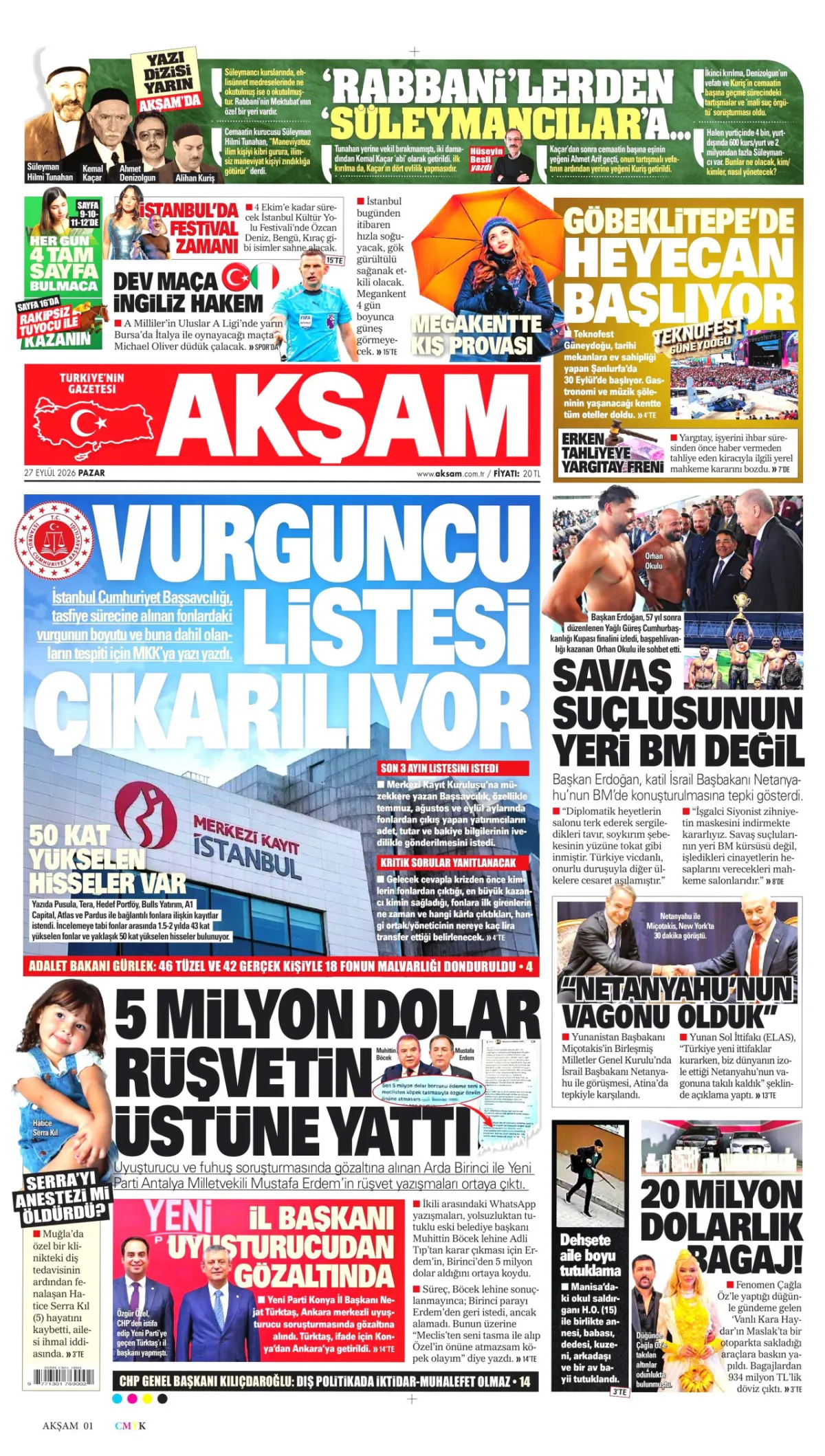 Akşam birinci sayfa manşeti (28 Eylül 2026)