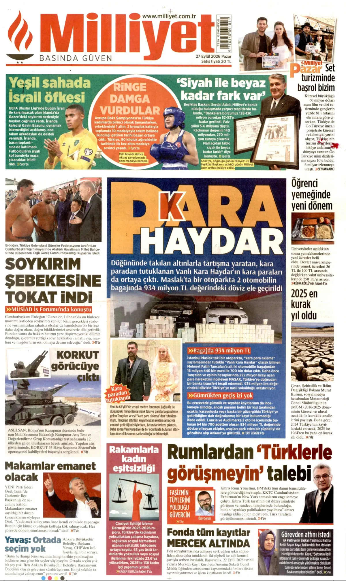 Milliyet birinci sayfa manşeti (28 Eylül 2026)