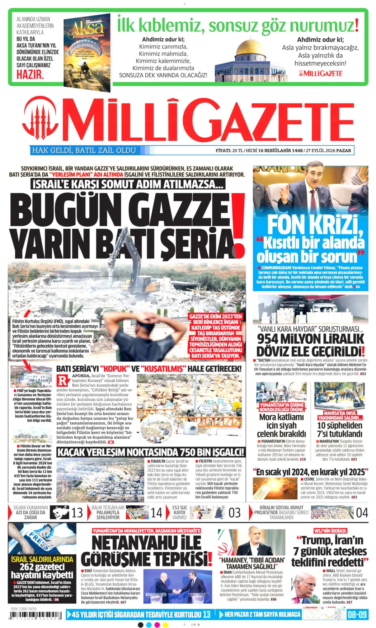 Milli birinci sayfa manşeti (28 Eylül 2026)