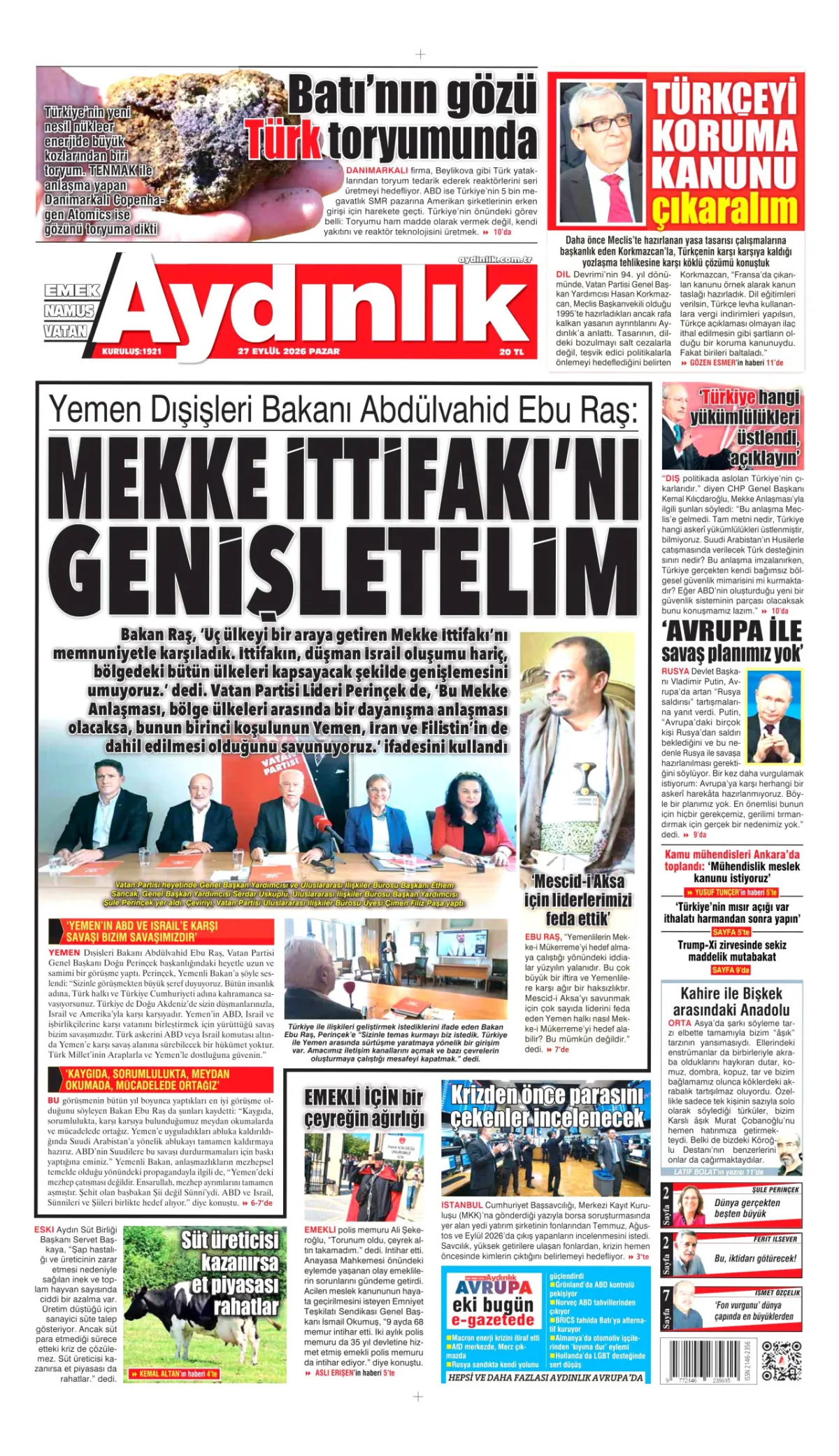 Aydınlık birinci sayfa manşeti (28 Eylül 2026)