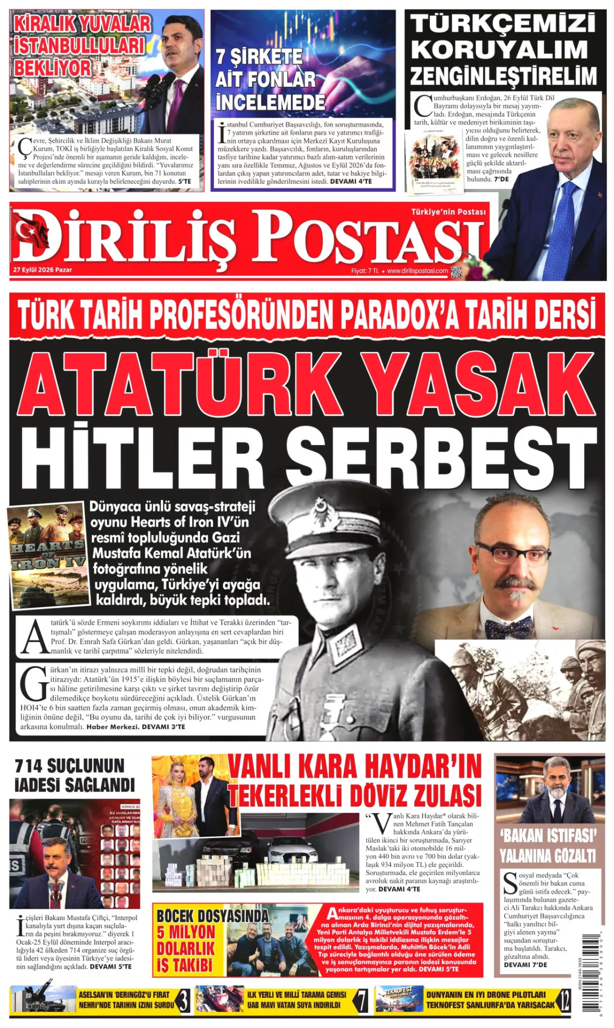 Diriliş Postası birinci sayfa manşeti (28 Eylül 2026)