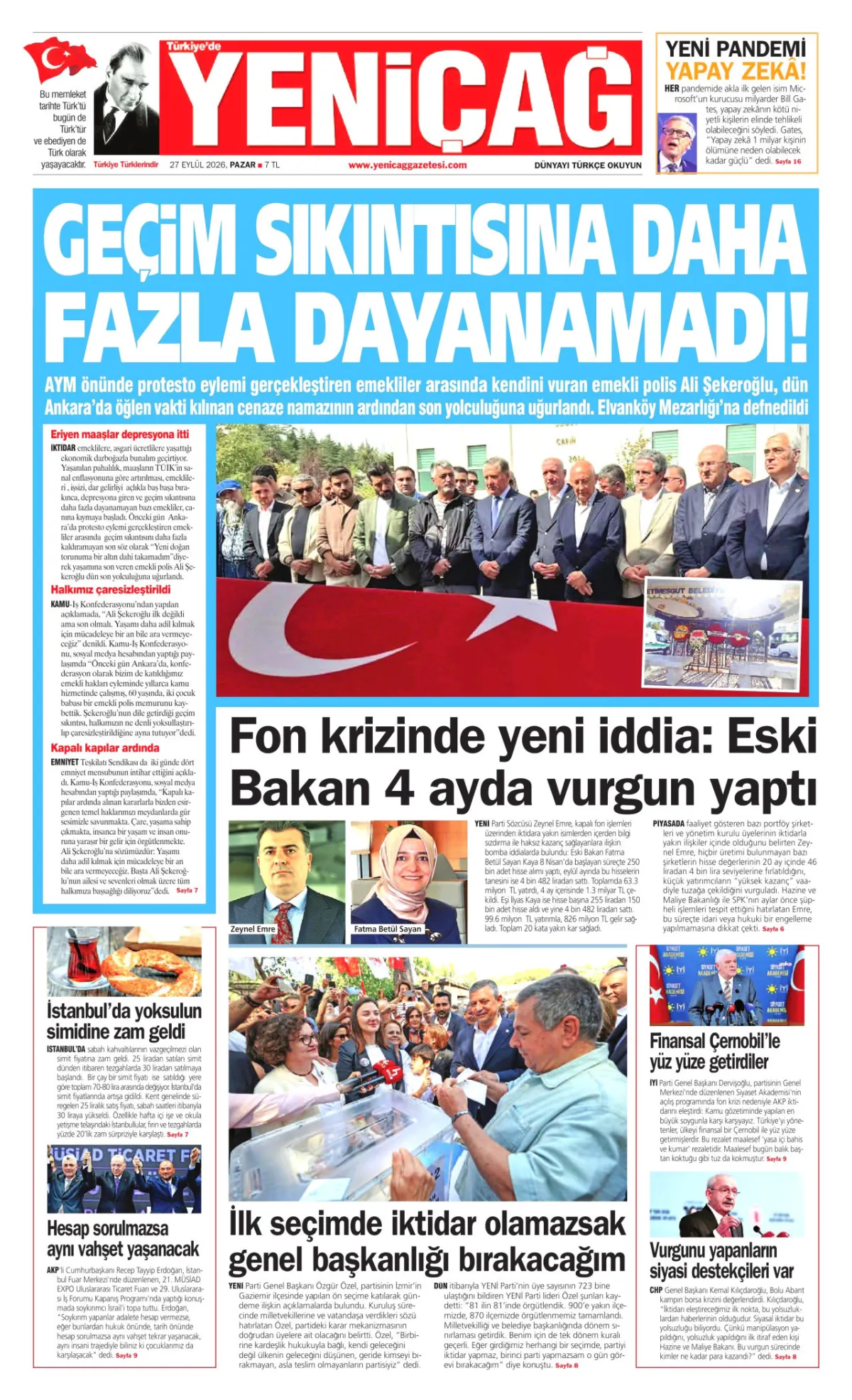 Yeniçağ birinci sayfa manşeti (28 Eylül 2026)