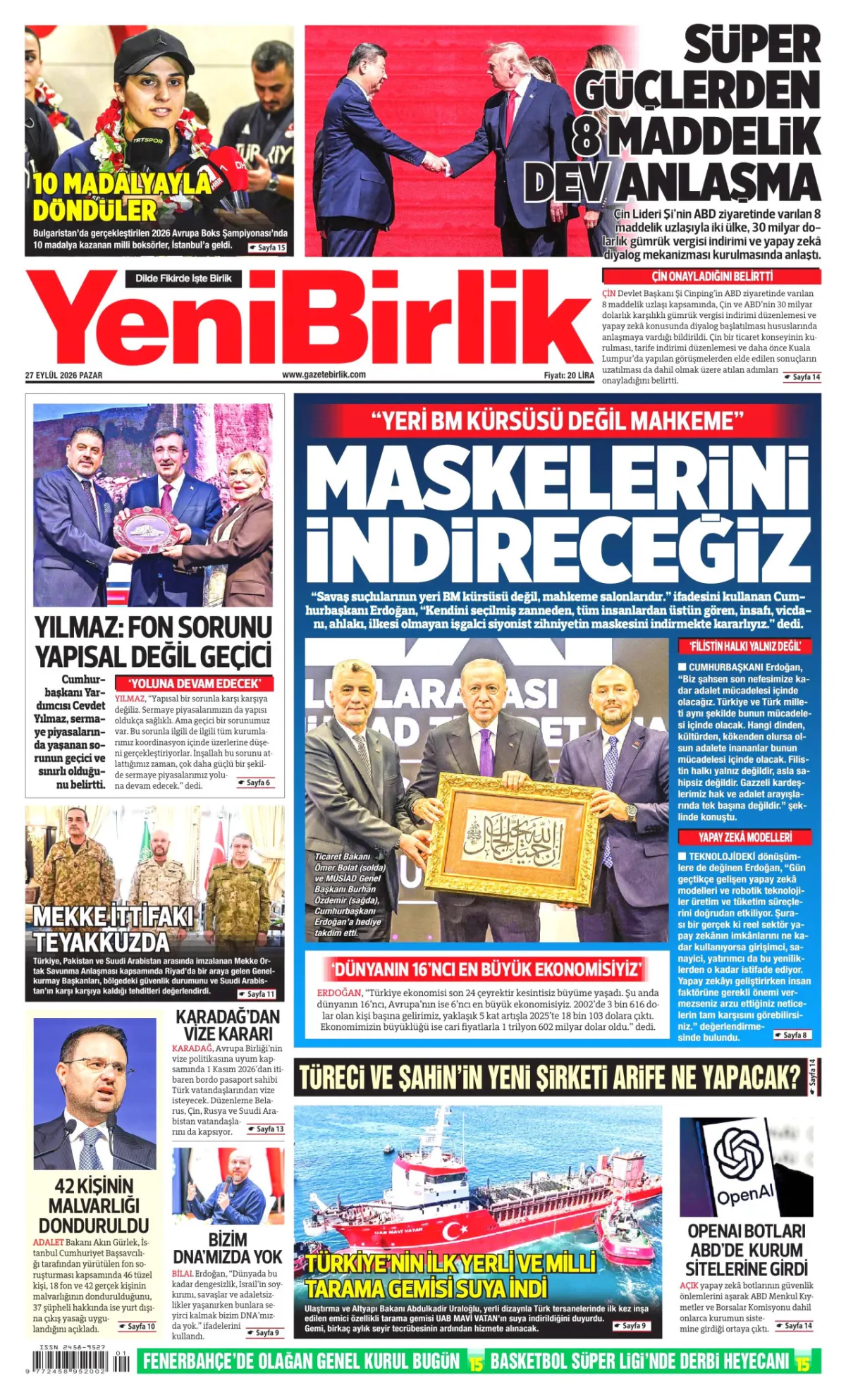 YeniBirlik birinci sayfa manşeti (28 Eylül 2026)