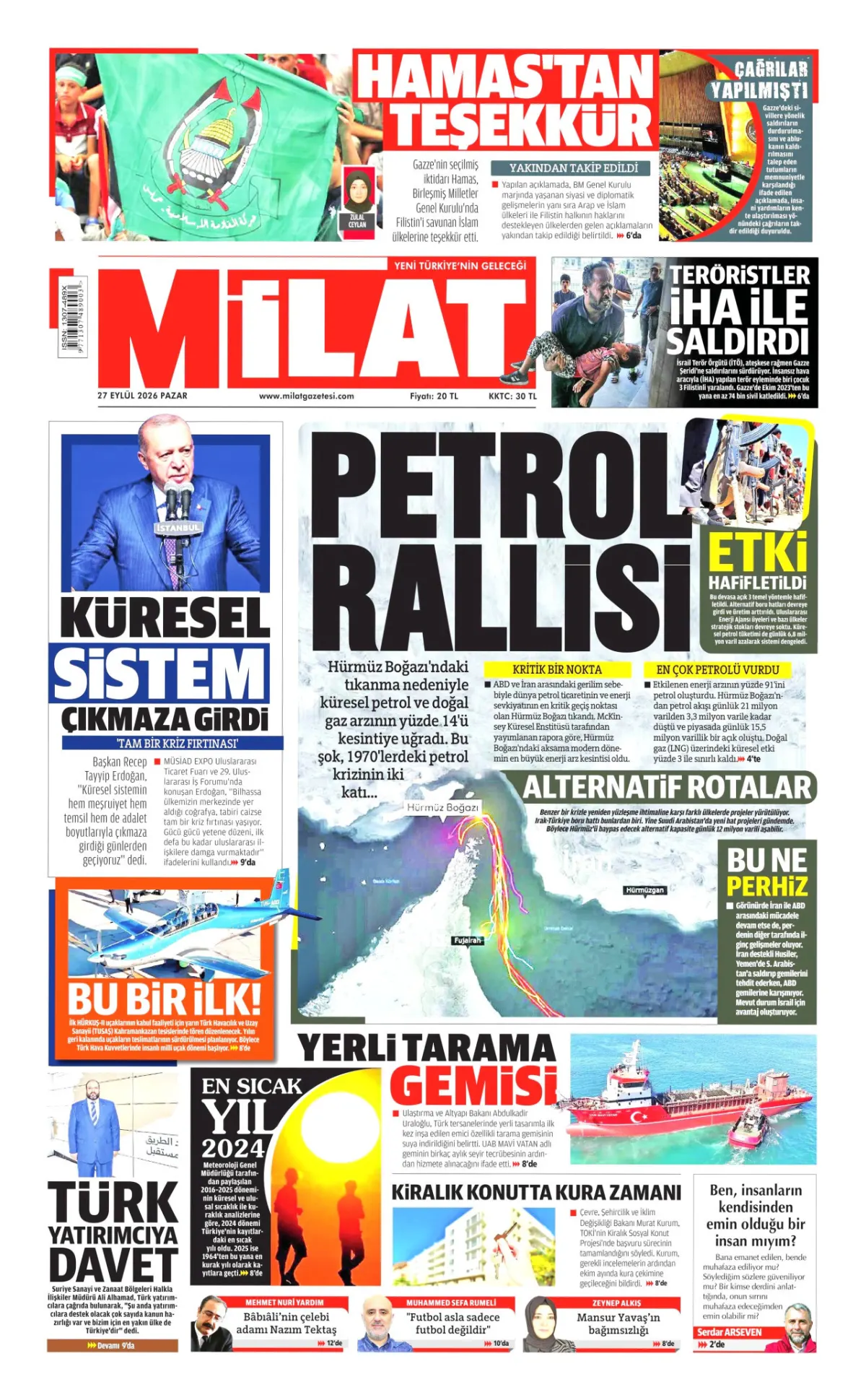 Milat birinci sayfa manşeti (28 Eylül 2026)