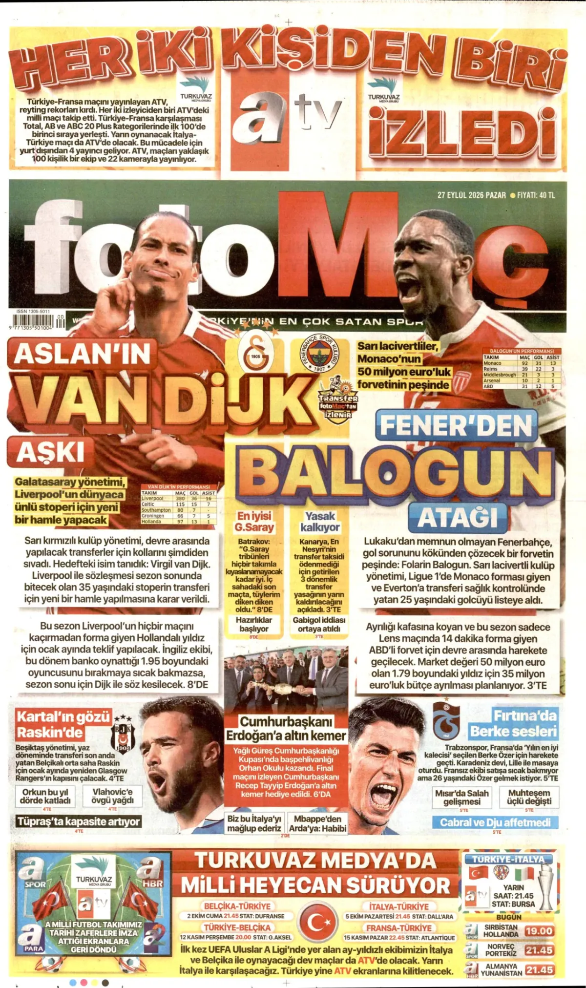 Fotomaç birinci sayfa manşeti (28 Eylül 2026)