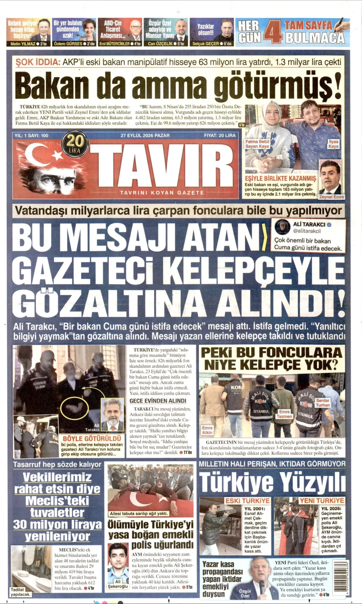 Tavır birinci sayfa manşeti (28 Eylül 2026)