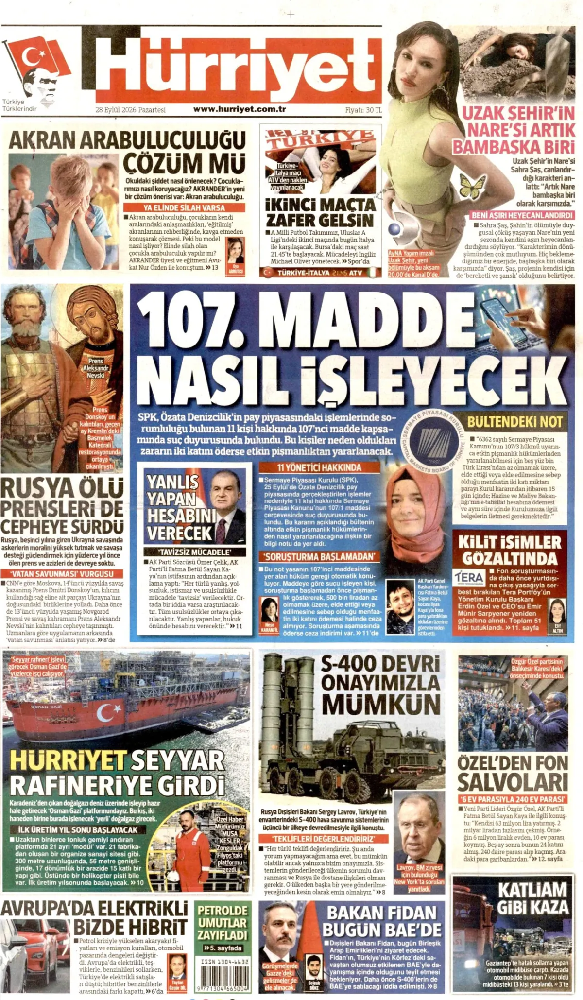 Hürriyet birinci sayfa manşeti (29 Eylül 2026)