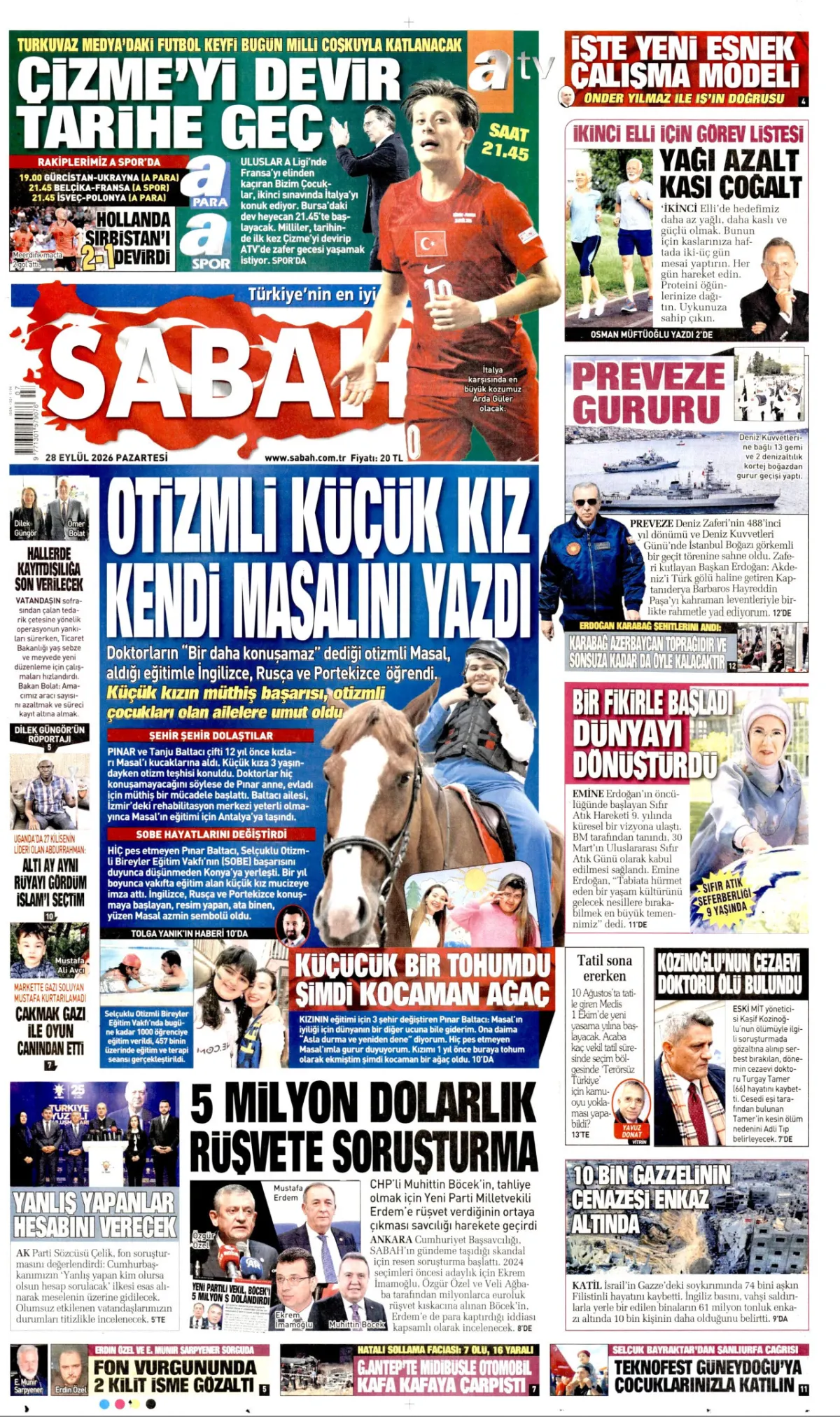 Sabah birinci sayfa manşeti (29 Eylül 2026)