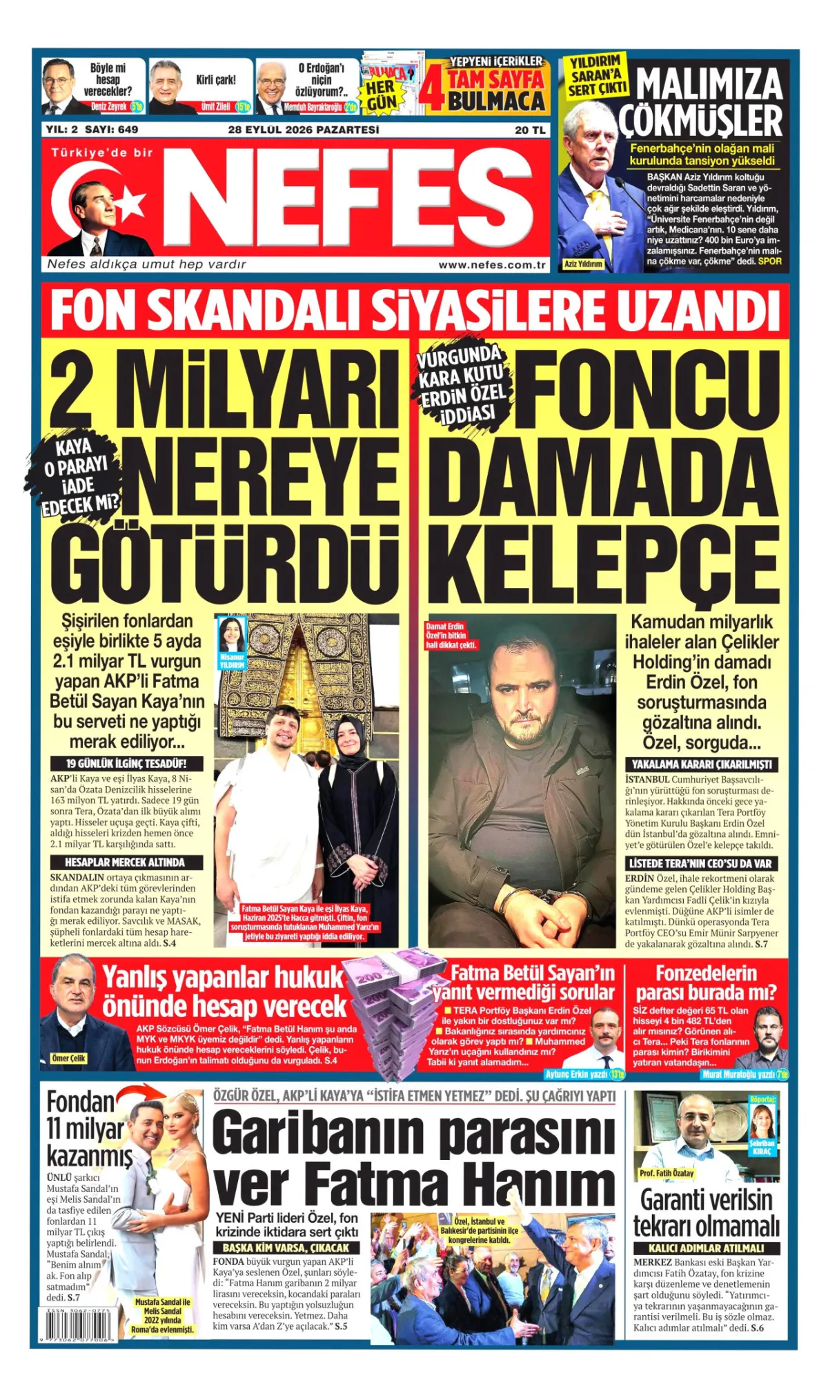 Nefes birinci sayfa manşeti (29 Eylül 2026)