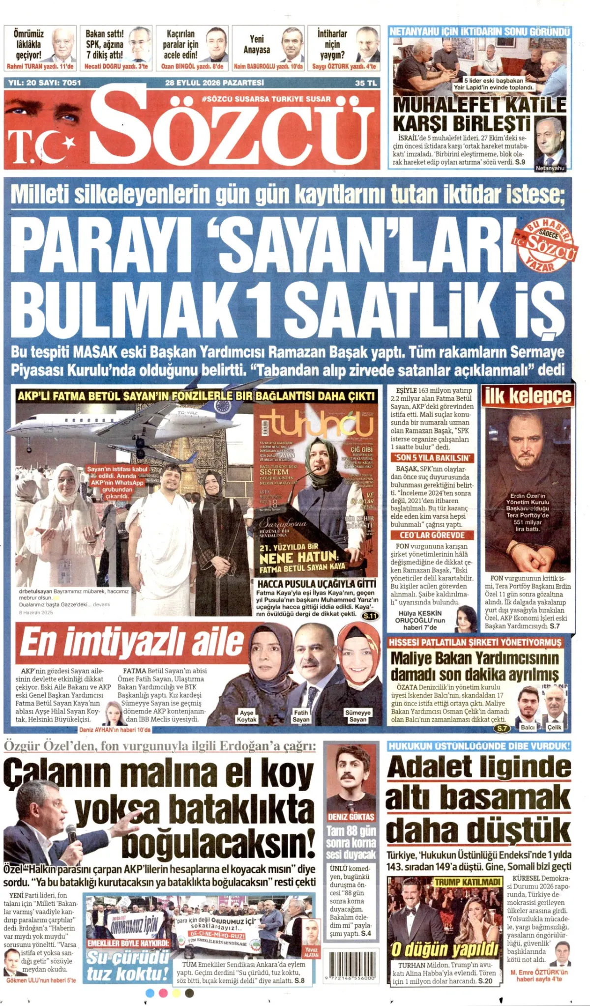 Sözcü birinci sayfa manşeti (29 Eylül 2026)