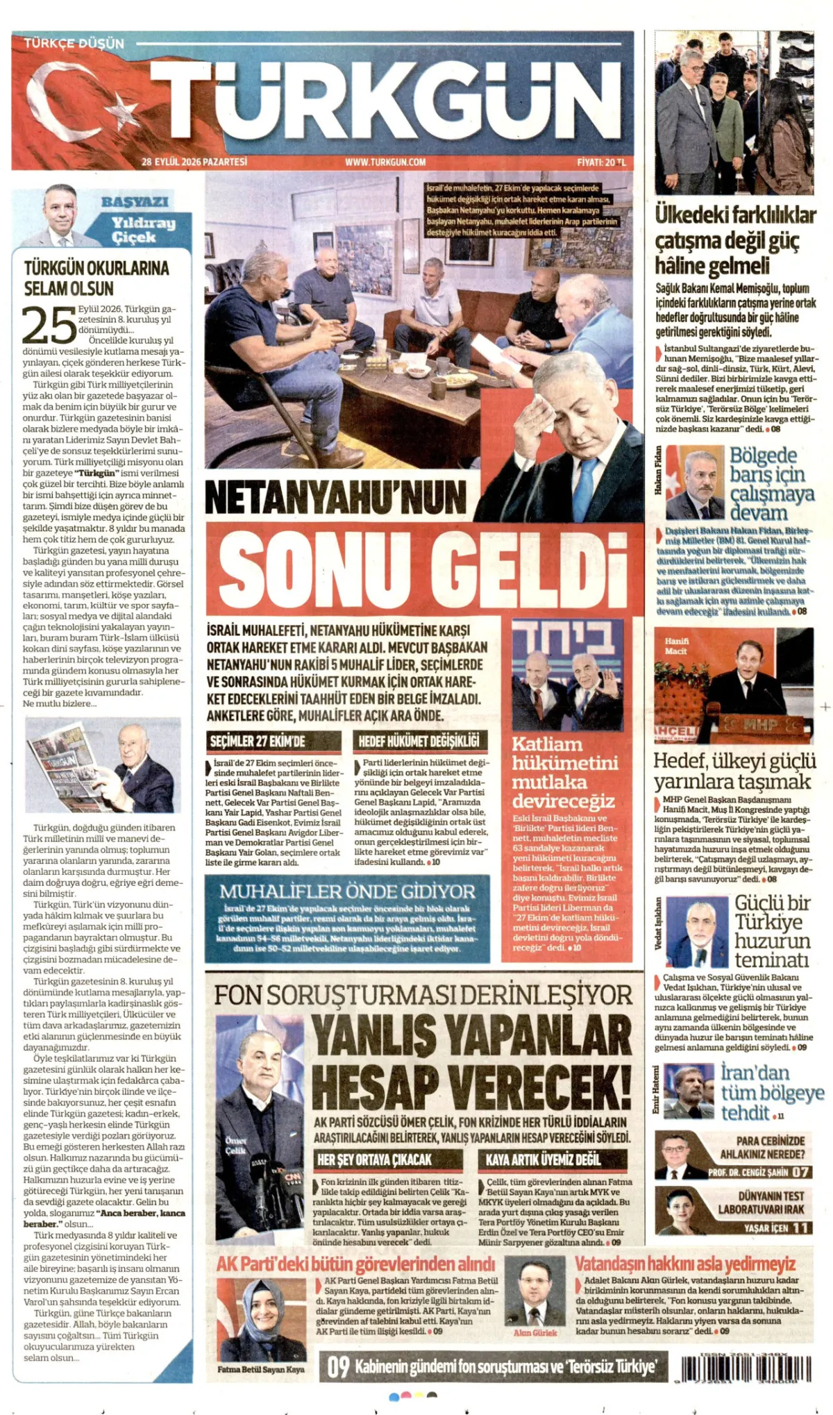 Türkgün birinci sayfa manşeti (29 Eylül 2026)