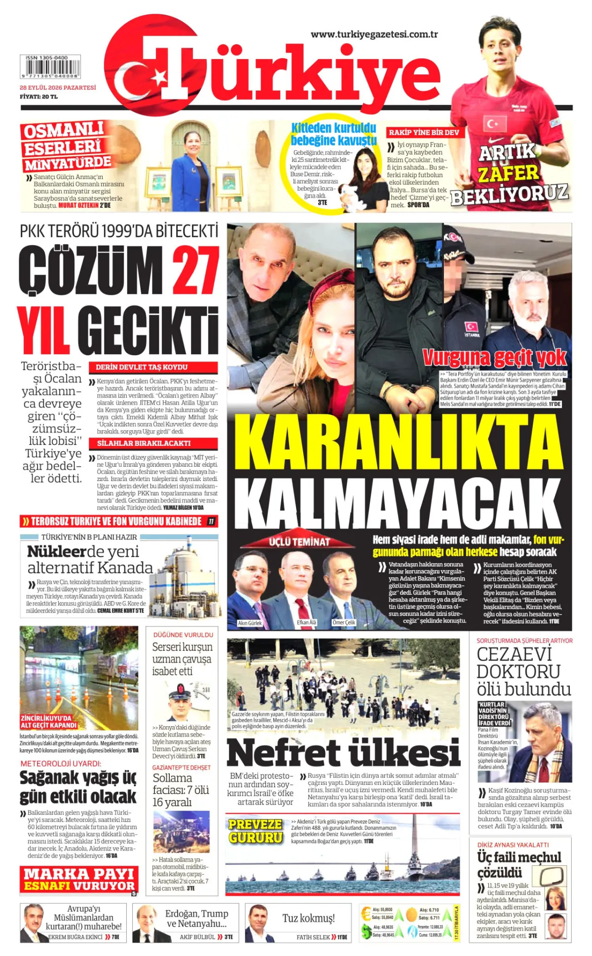 Türkiye birinci sayfa manşeti (29 Eylül 2026)