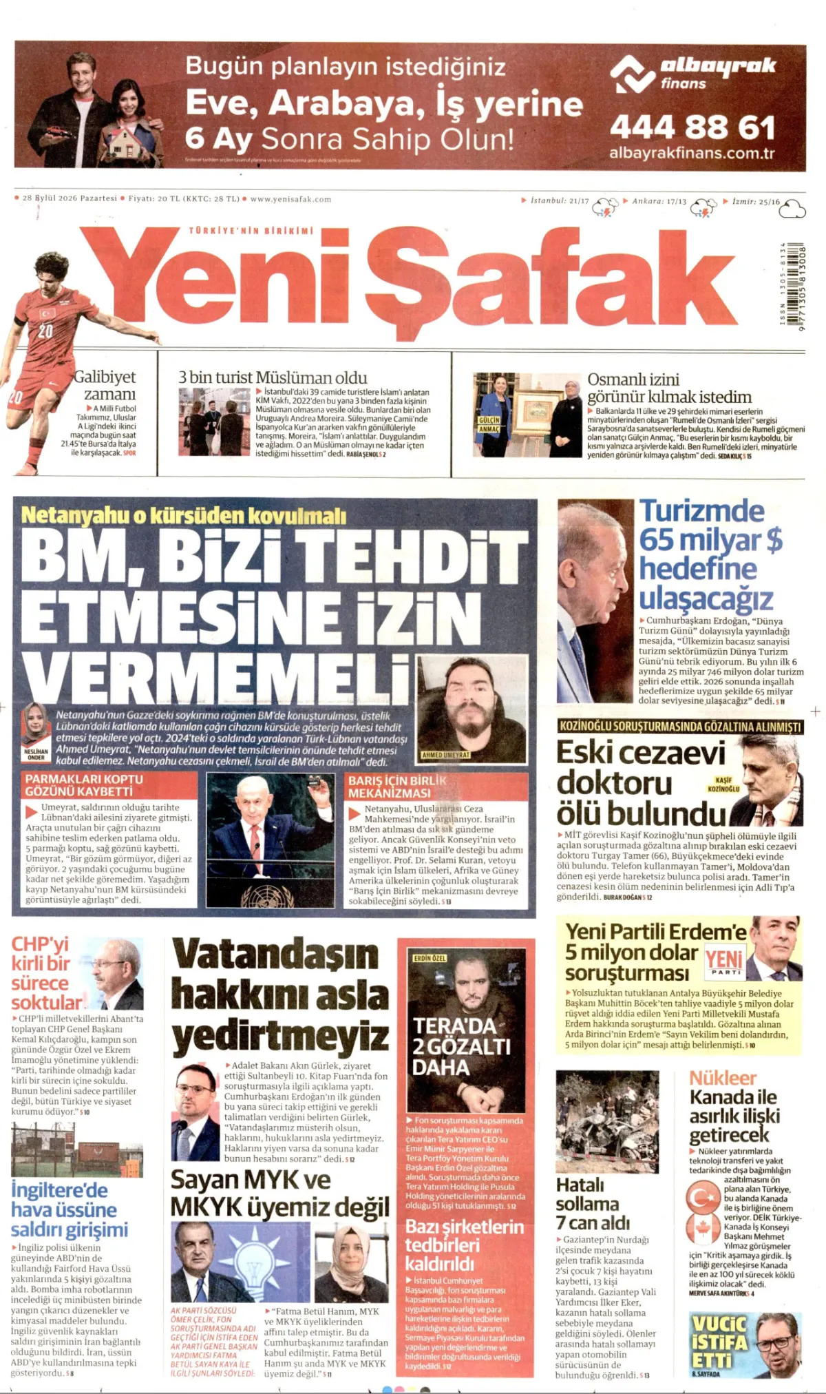Yeni Şafak birinci sayfa manşeti (29 Eylül 2026)