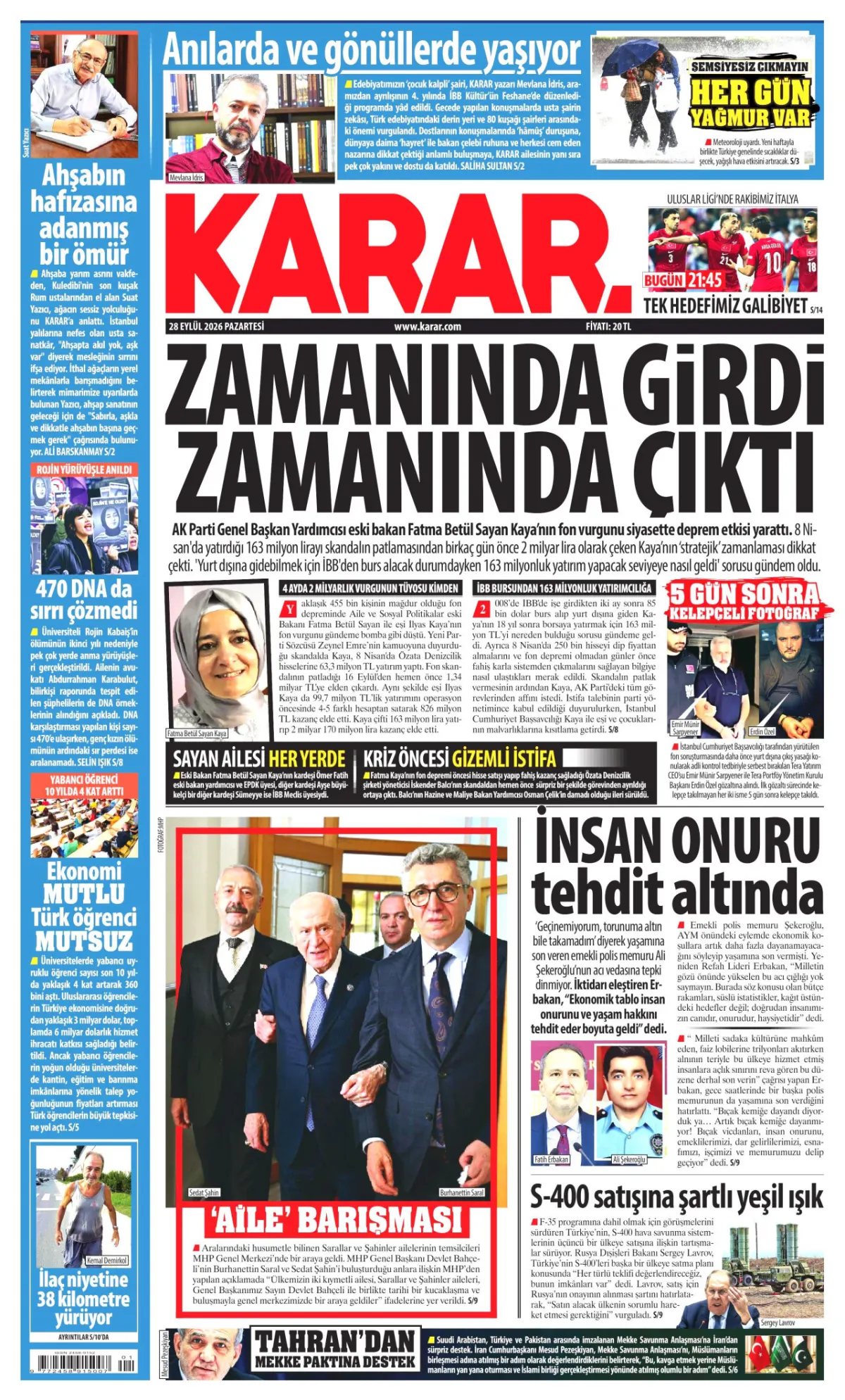 Karar birinci sayfa manşeti (29 Eylül 2026)