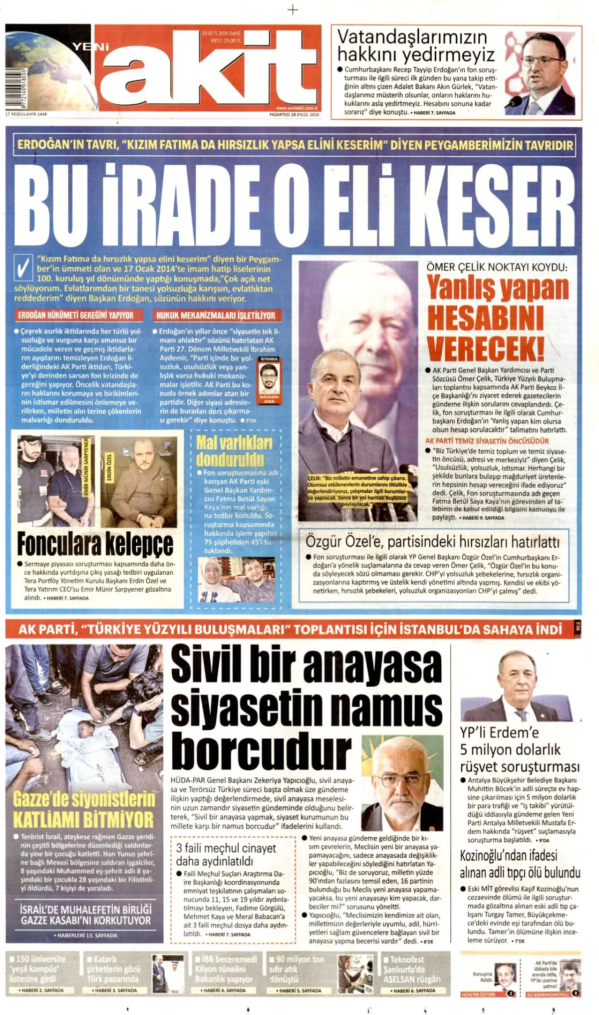 Yeni Akit birinci sayfa manşeti (29 Eylül 2026)