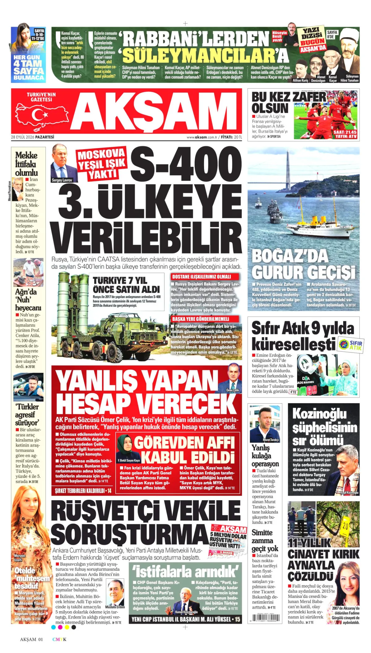 Akşam birinci sayfa manşeti (29 Eylül 2026)