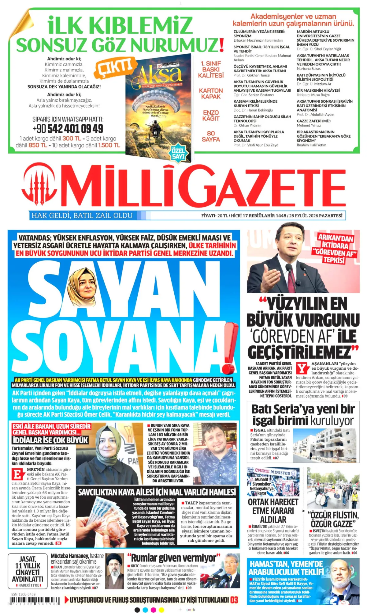 Milli birinci sayfa manşeti (29 Eylül 2026)