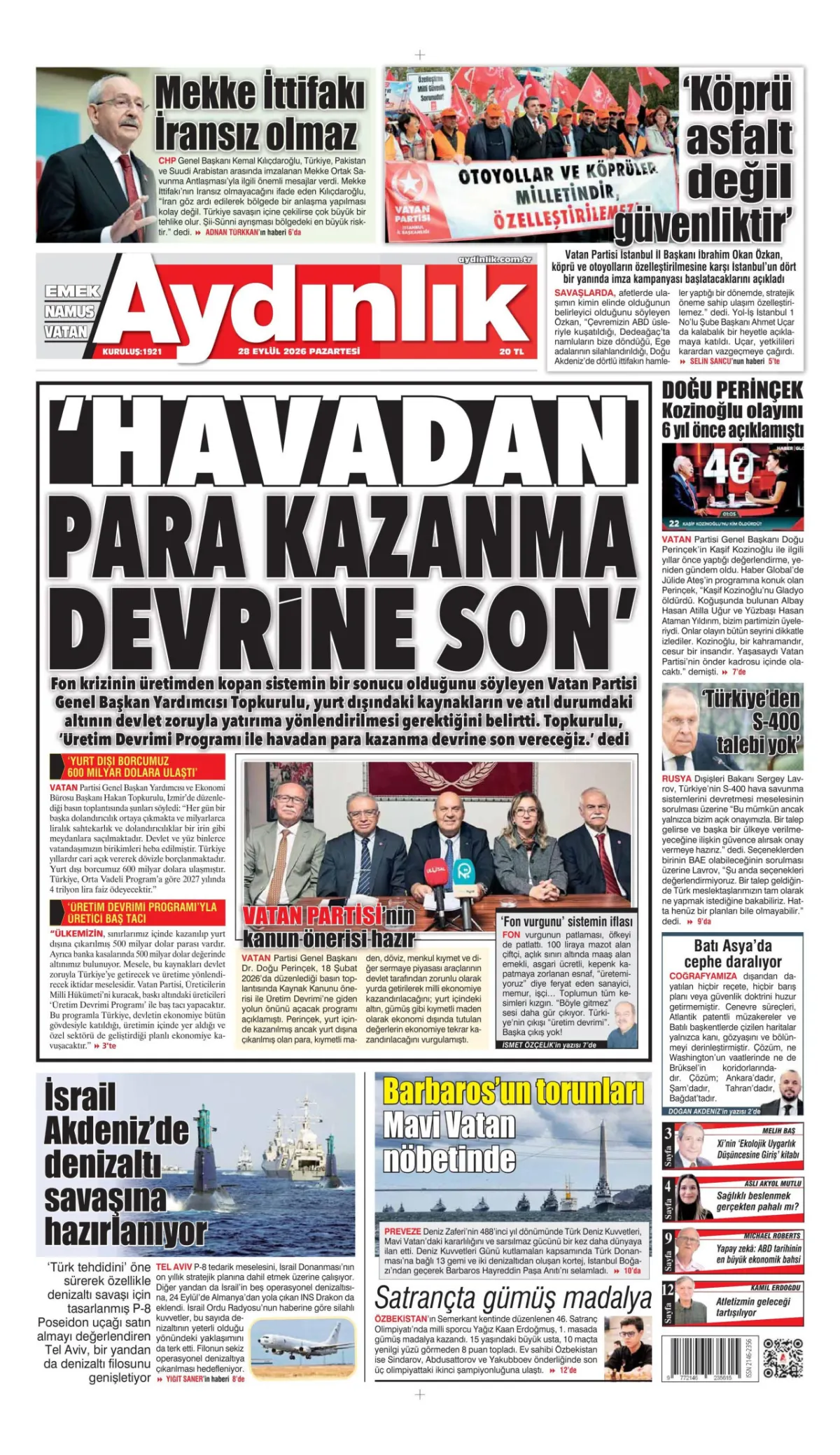 Aydınlık birinci sayfa manşeti (29 Eylül 2026)