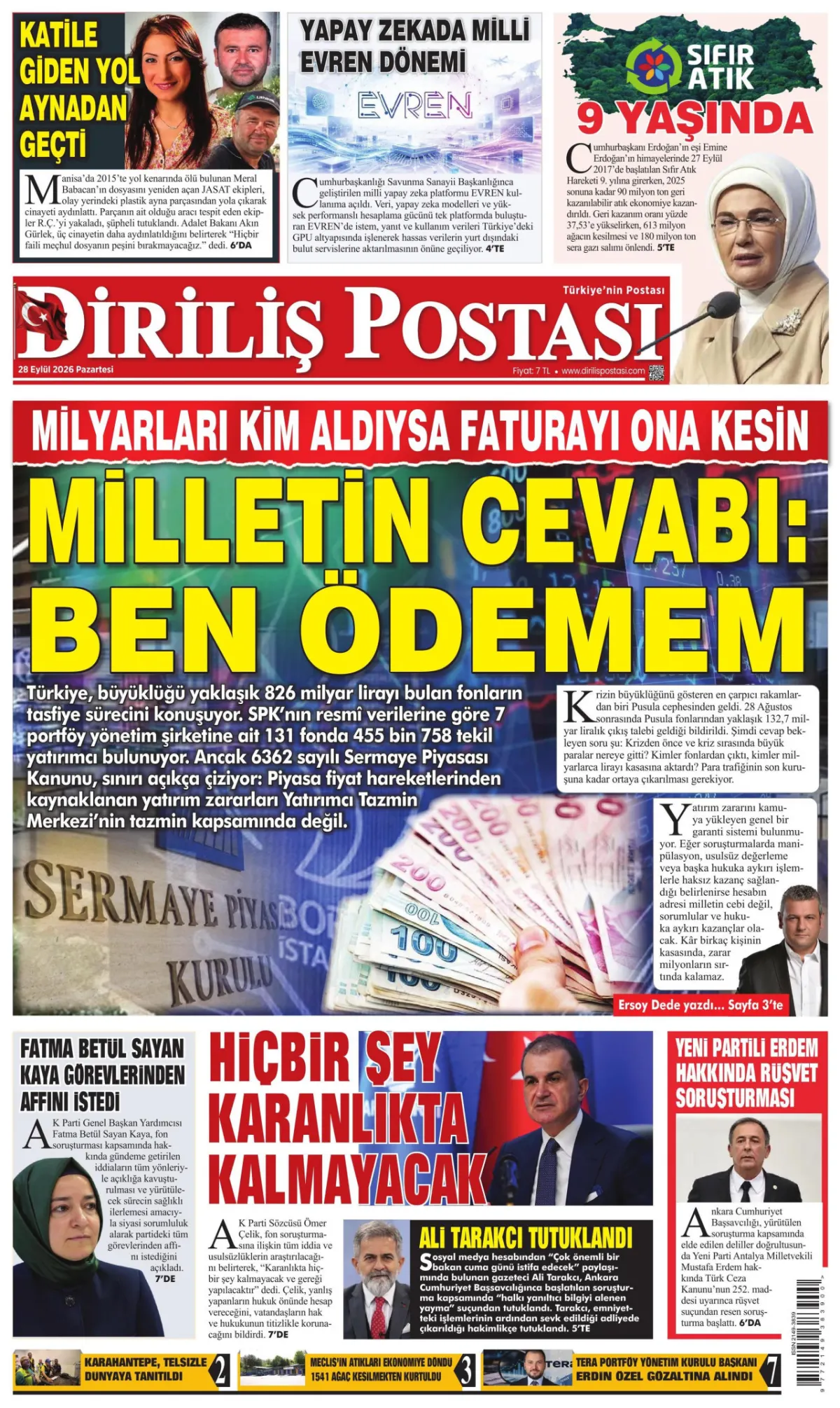 Diriliş Postası birinci sayfa manşeti (29 Eylül 2026)