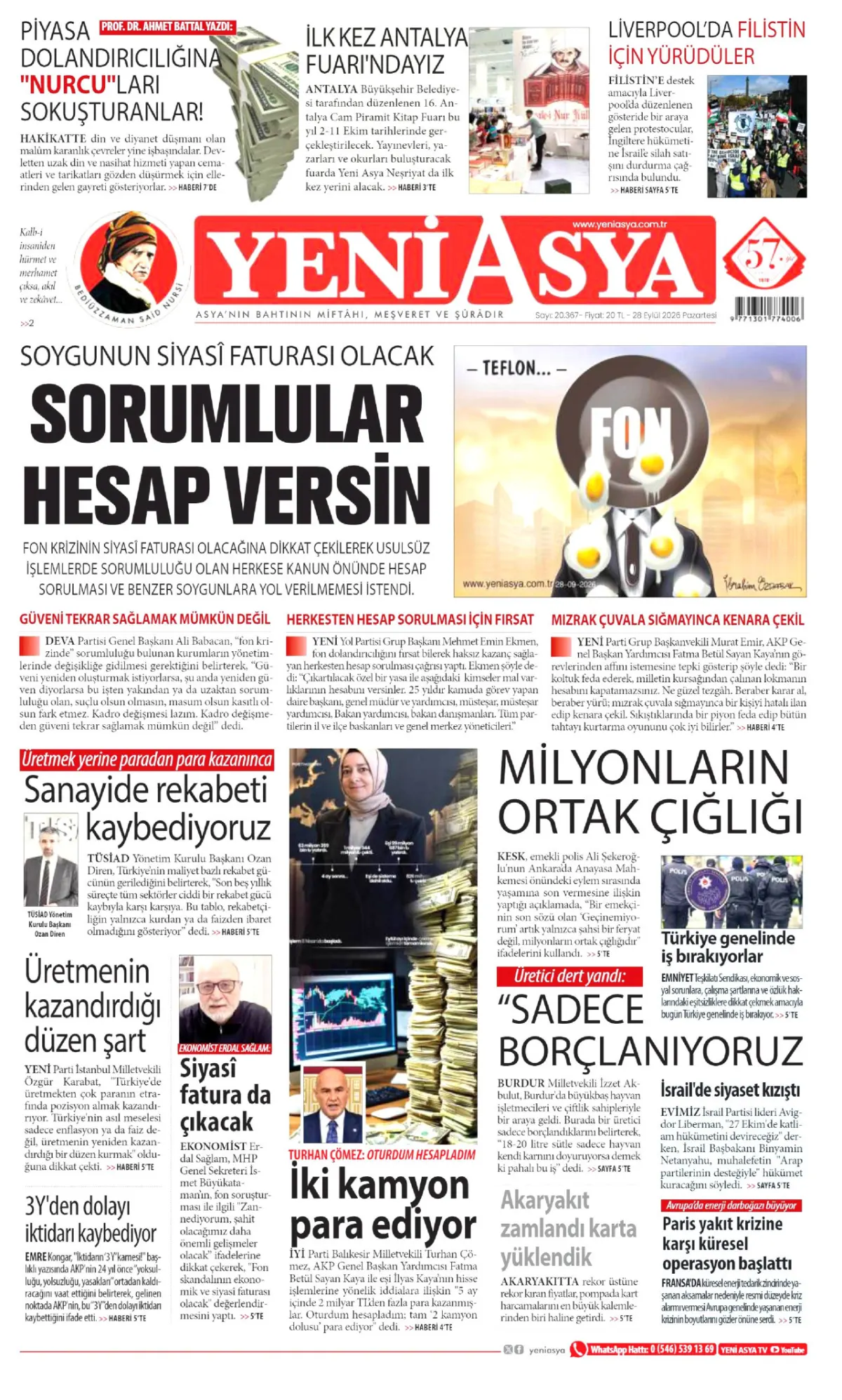Yeni Asya birinci sayfa manşeti (29 Eylül 2026)