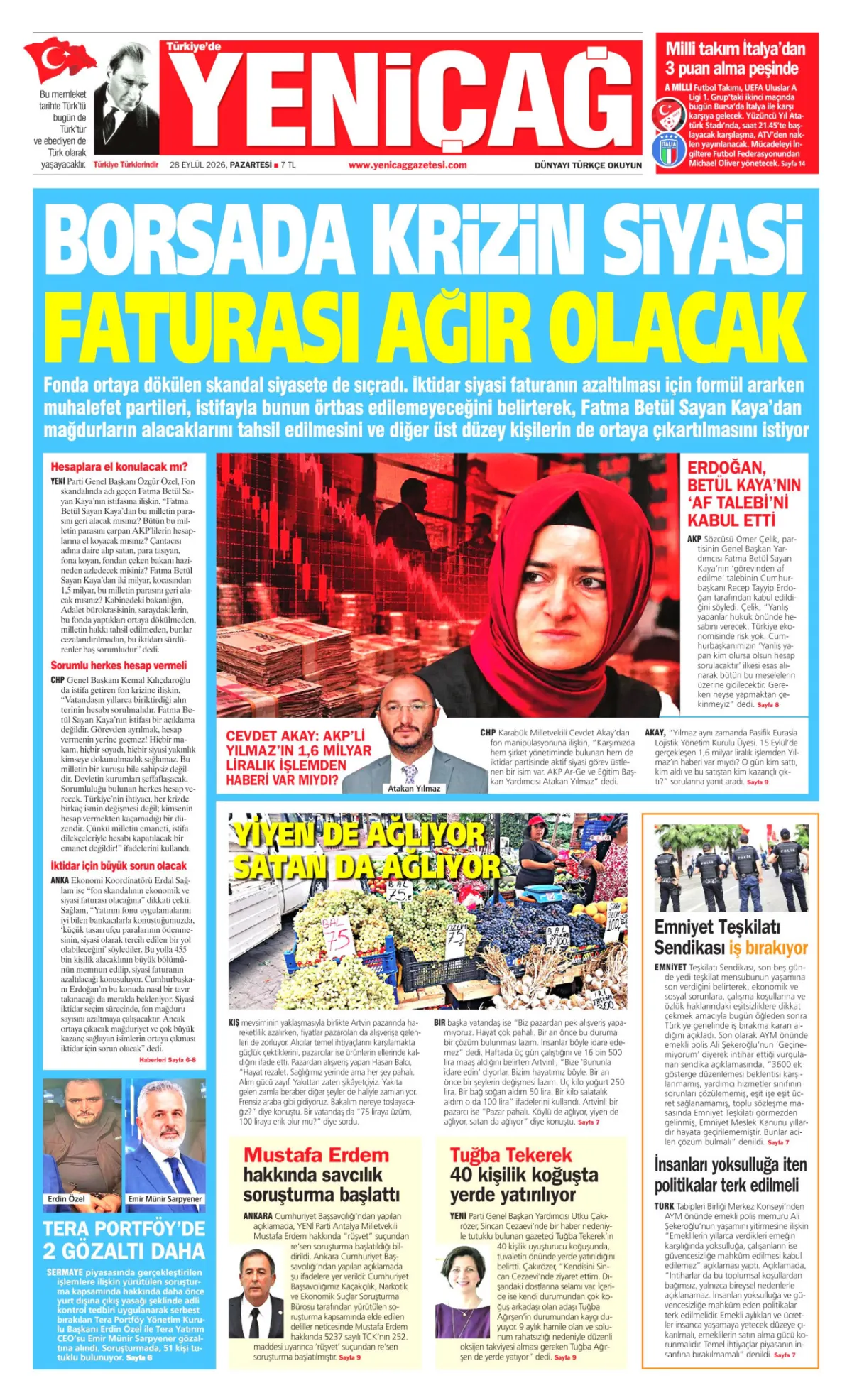 Yeniçağ birinci sayfa manşeti (29 Eylül 2026)