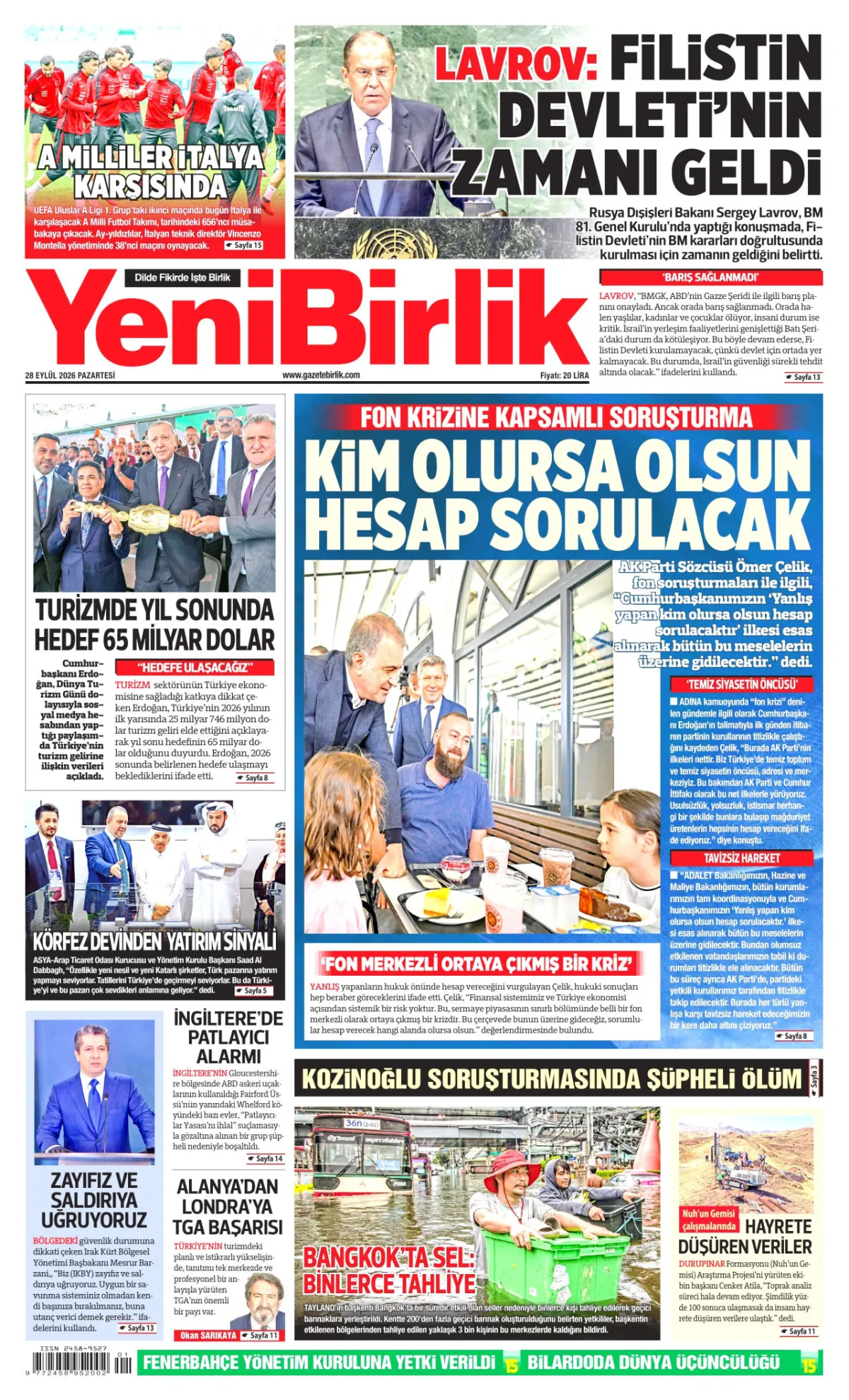 YeniBirlik birinci sayfa manşeti (29 Eylül 2026)