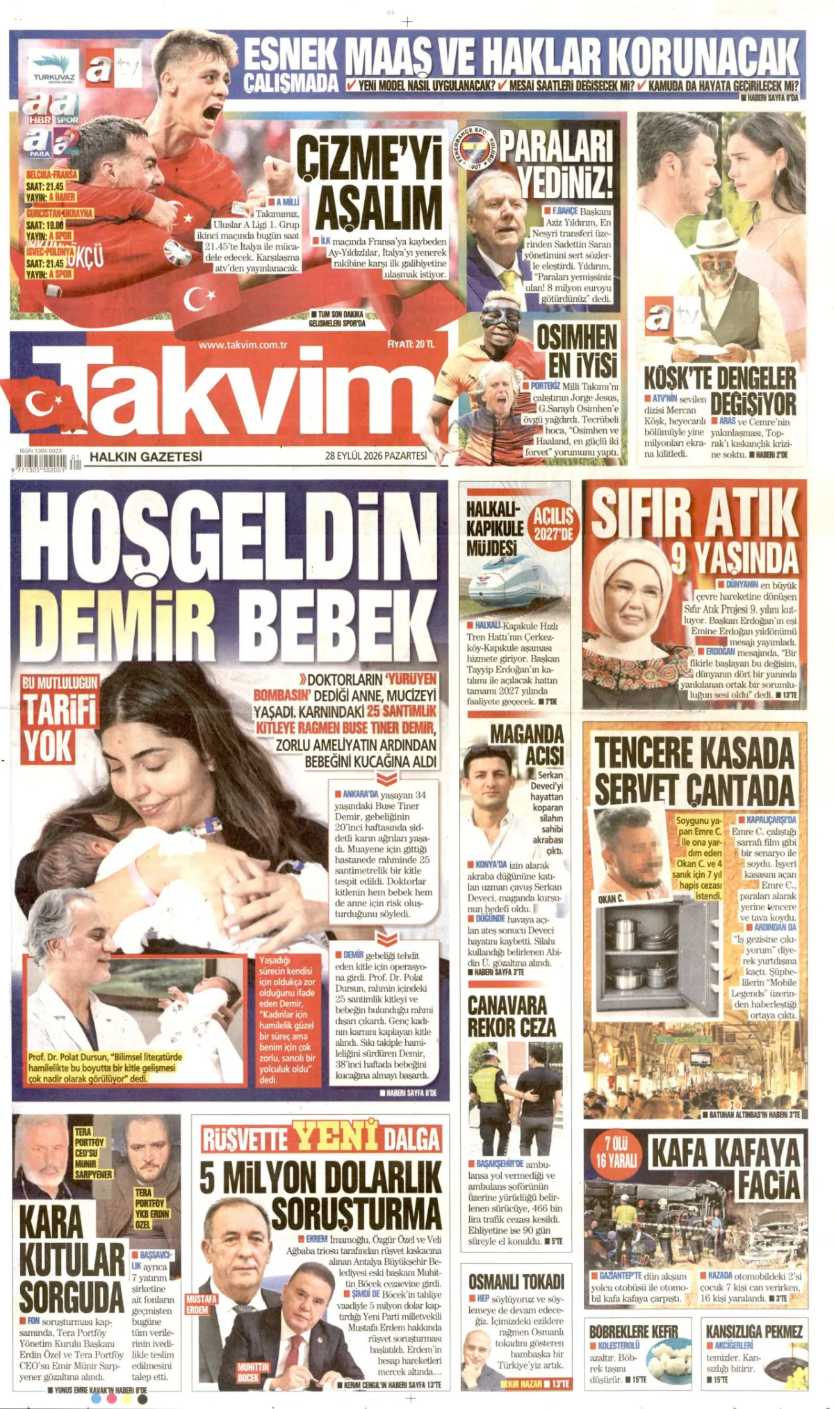 Takvim birinci sayfa manşeti (29 Eylül 2026)
