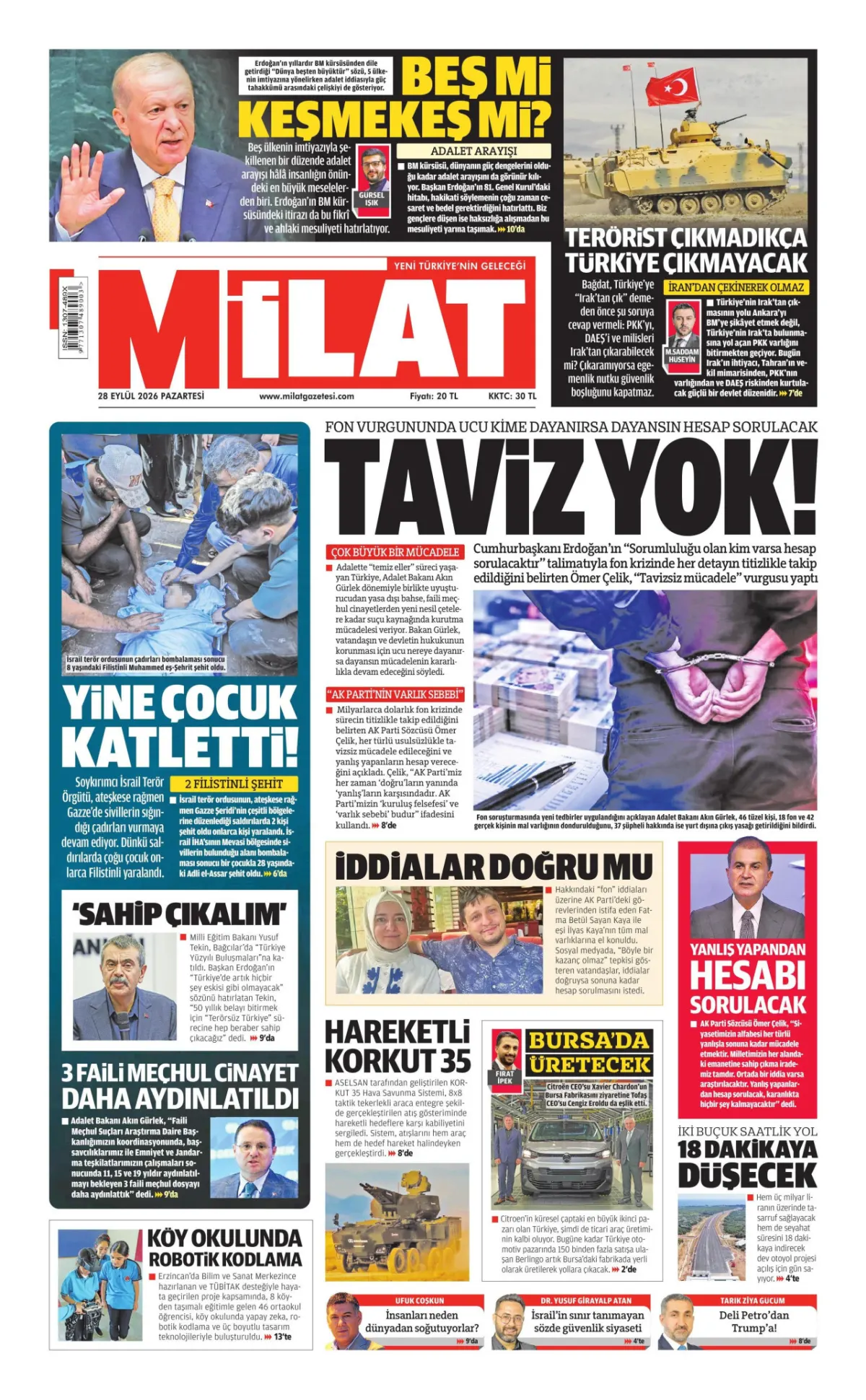 Milat birinci sayfa manşeti (29 Eylül 2026)