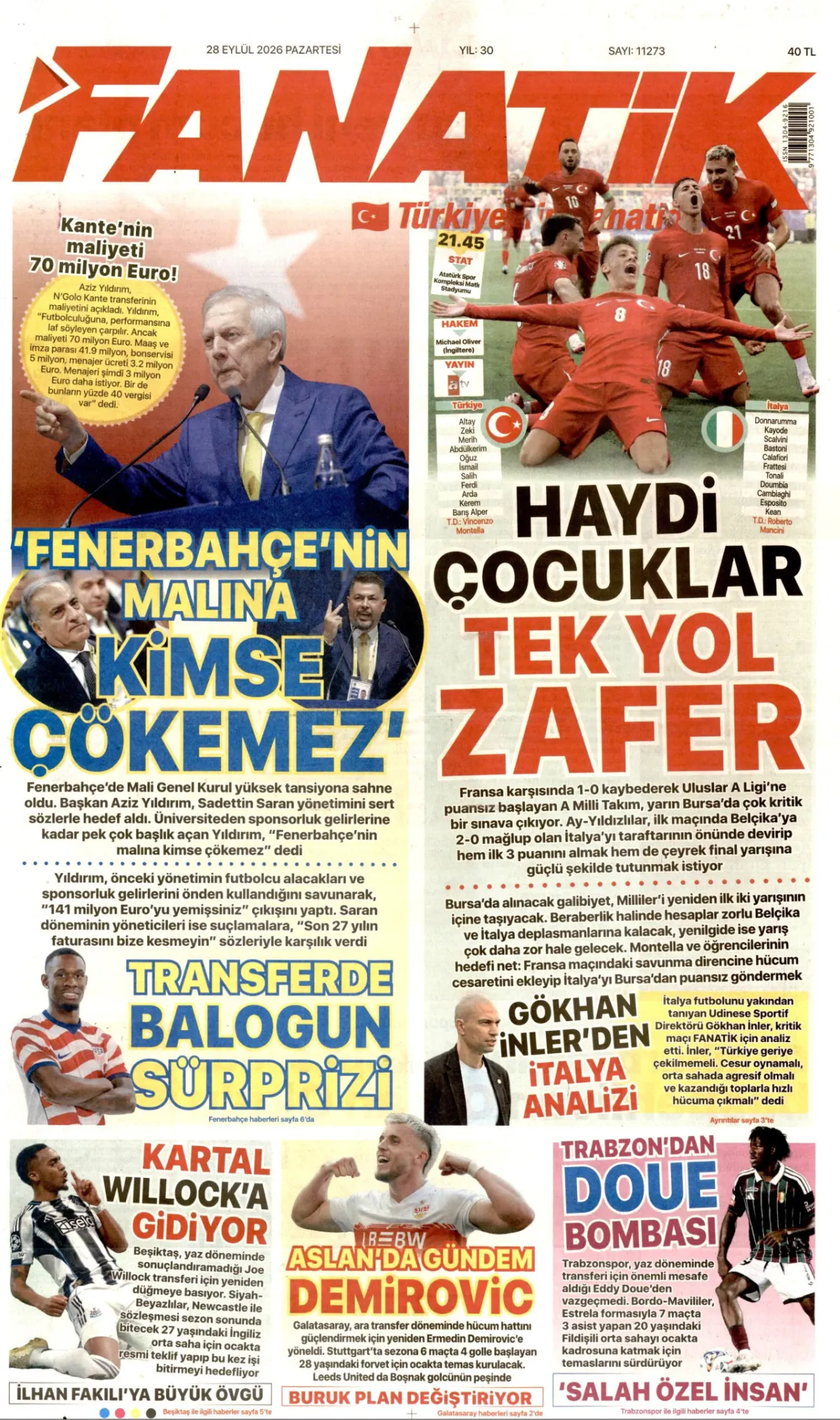 Fanatik birinci sayfa manşeti (29 Eylül 2026)