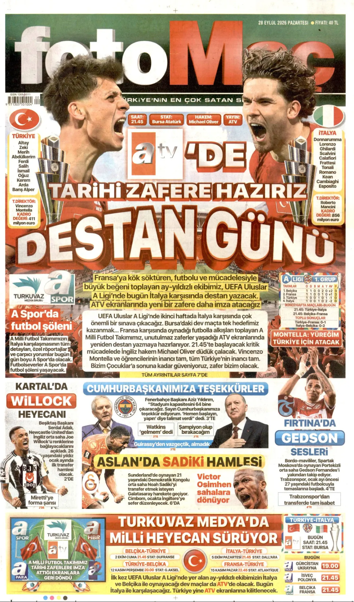 Fotomaç birinci sayfa manşeti (29 Eylül 2026)
