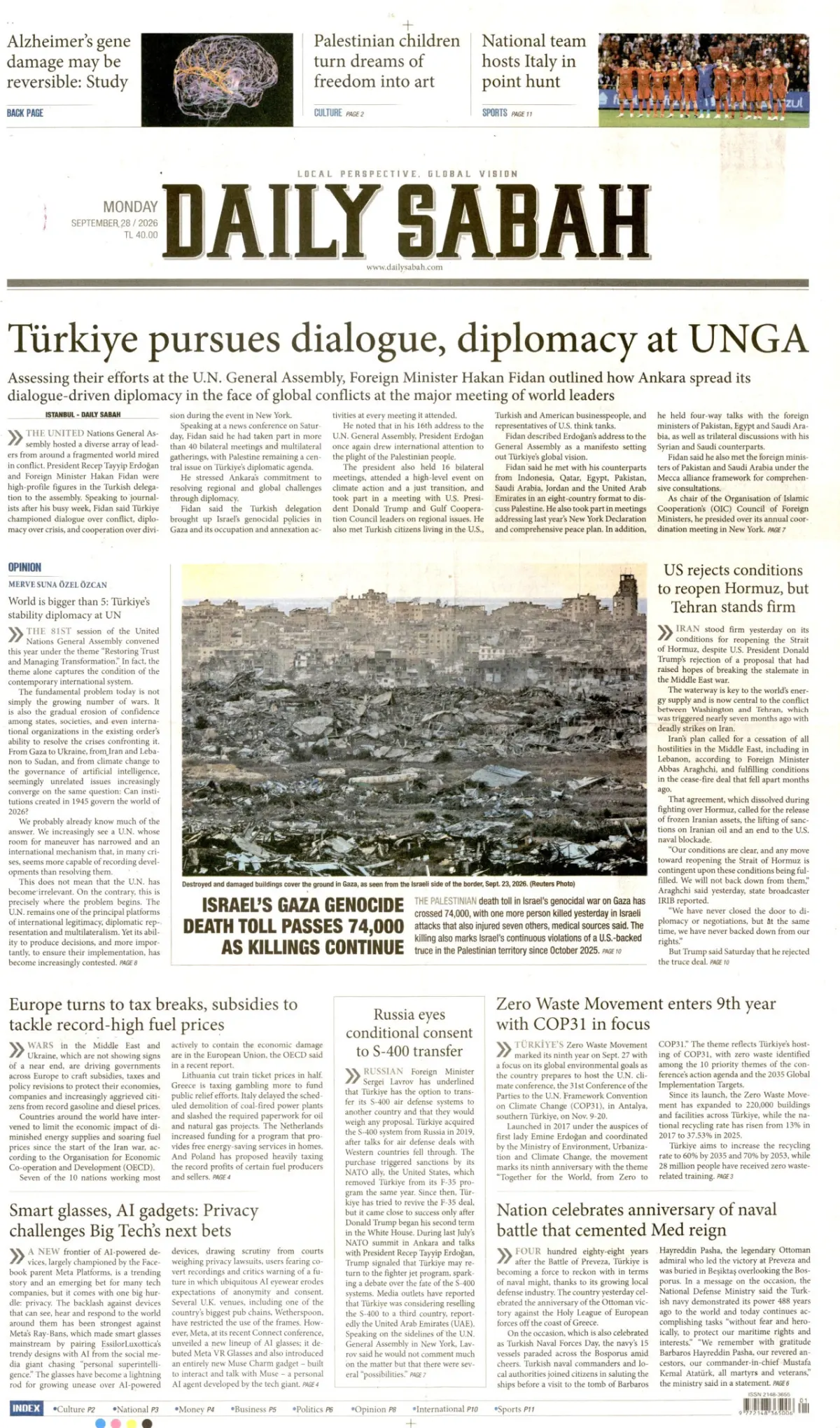 Daily Sabah birinci sayfa manşeti (29 Eylül 2026)