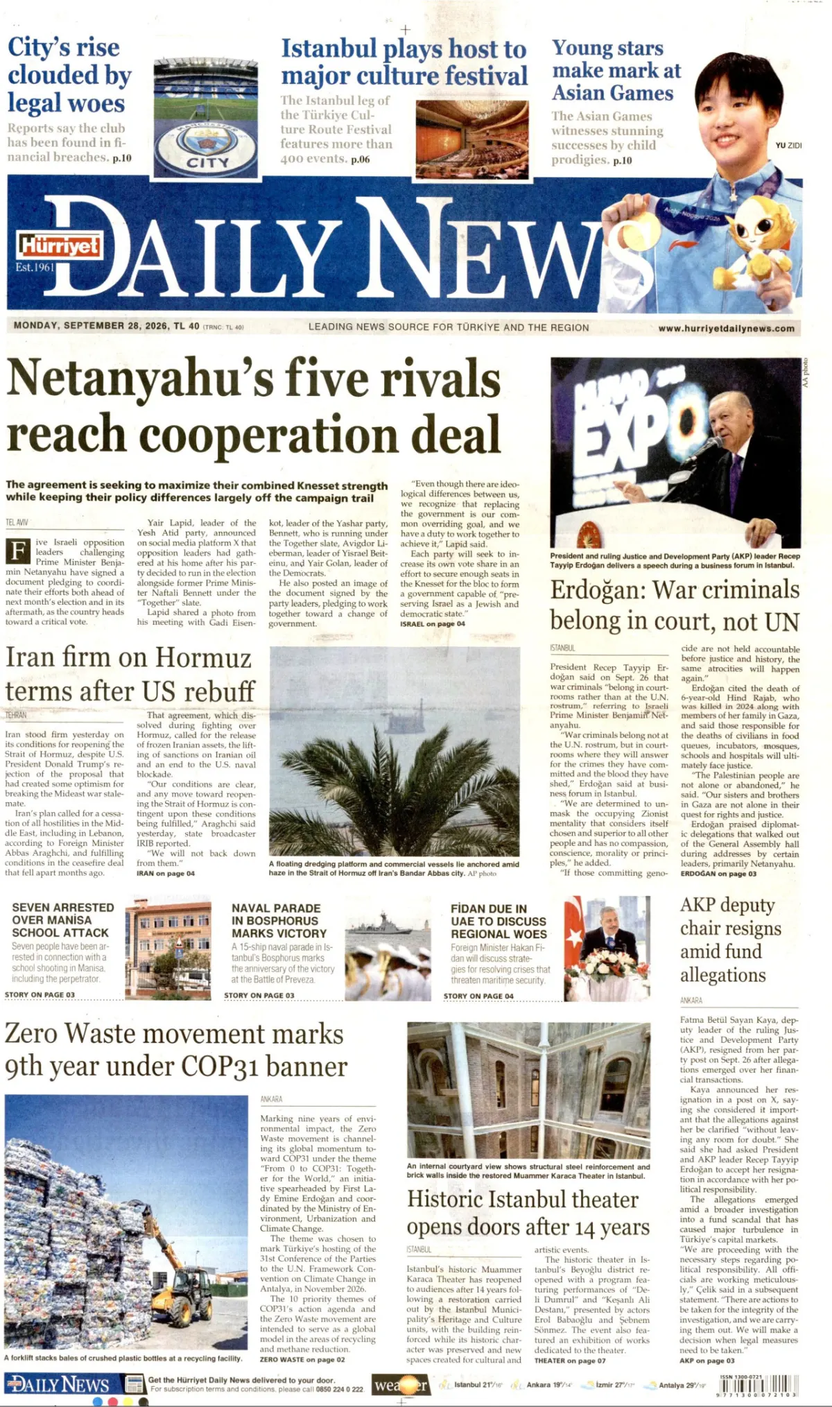 Hürriyet Daily News birinci sayfa manşeti (29 Eylül 2026)