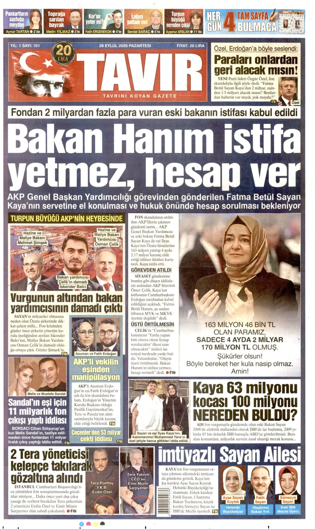 Tavır birinci sayfa manşeti (29 Eylül 2026)
