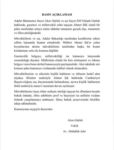 Adalet Bakanı Gürlek’in Eşine Yönelik Kira İddialarına Hukuki Adım