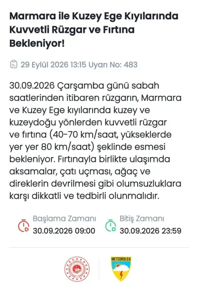Marmara ve Kuzey Ege için fırtına uyarısı yapıldı