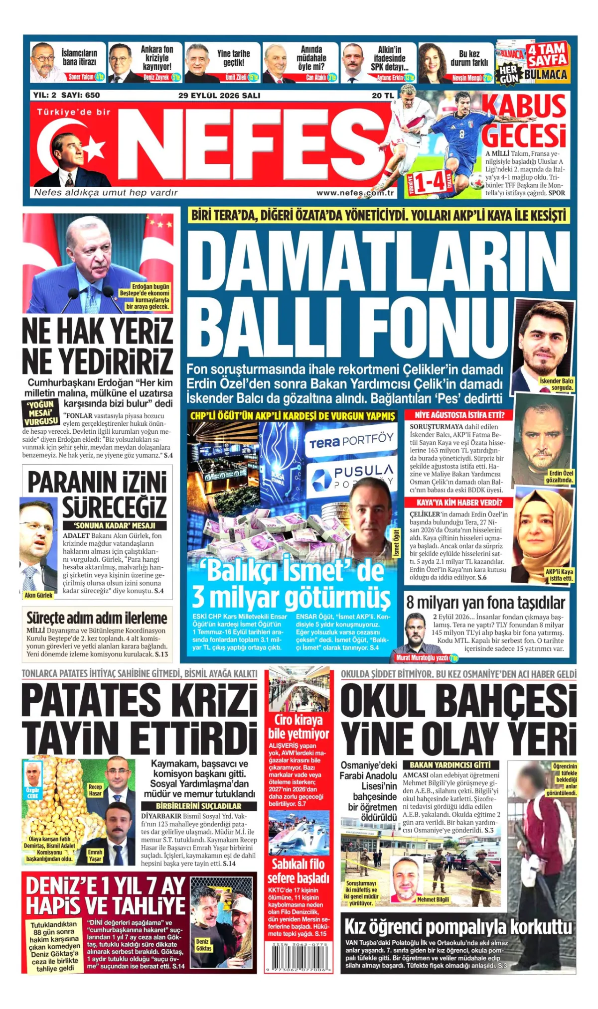 Nefes birinci sayfa manşeti (30 Eylül 2026)