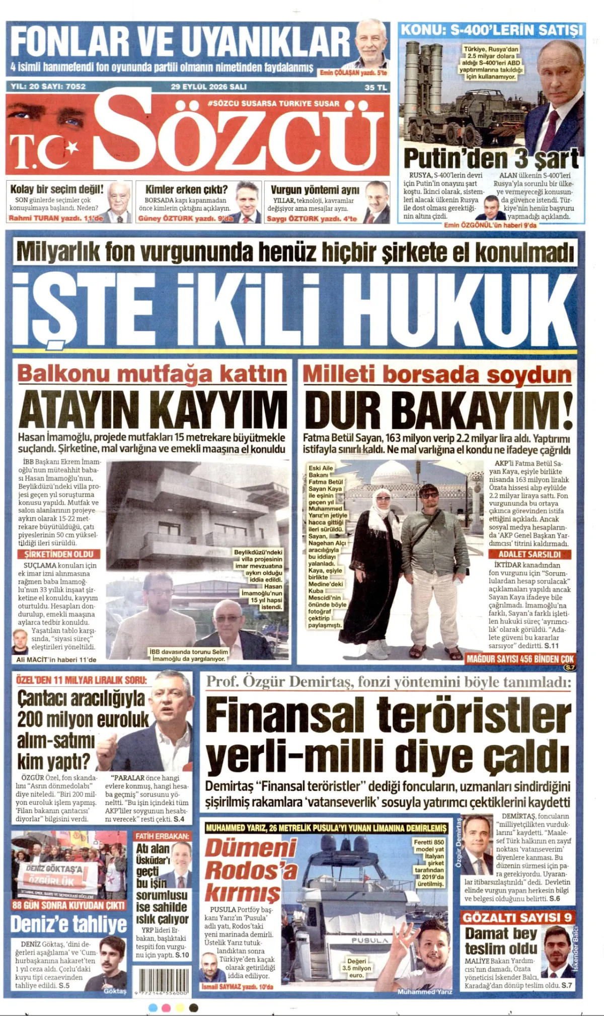 Sözcü birinci sayfa manşeti (30 Eylül 2026)