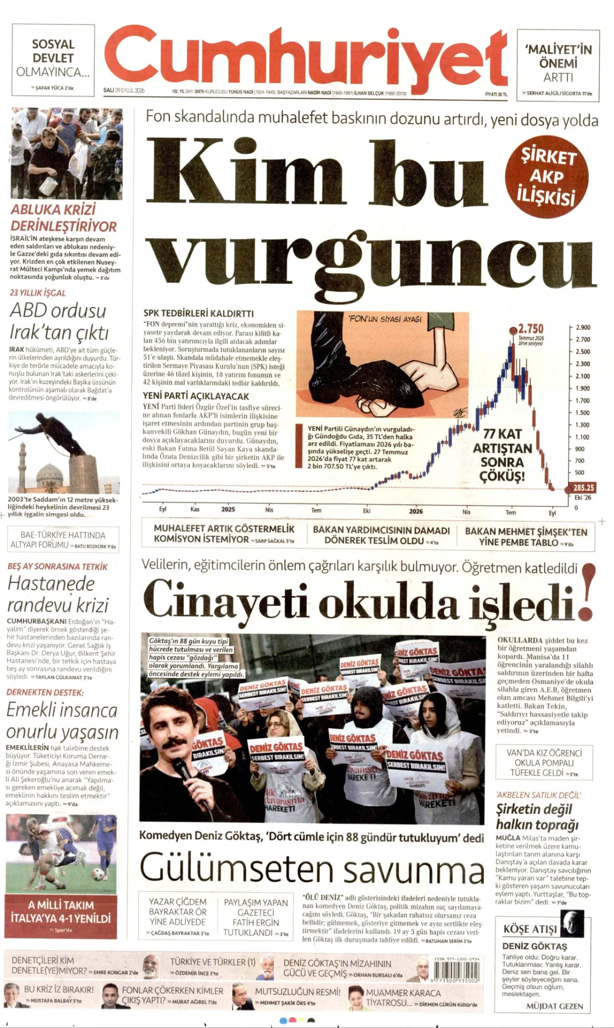 Cumhuriyet birinci sayfa manşeti (30 Eylül 2026)