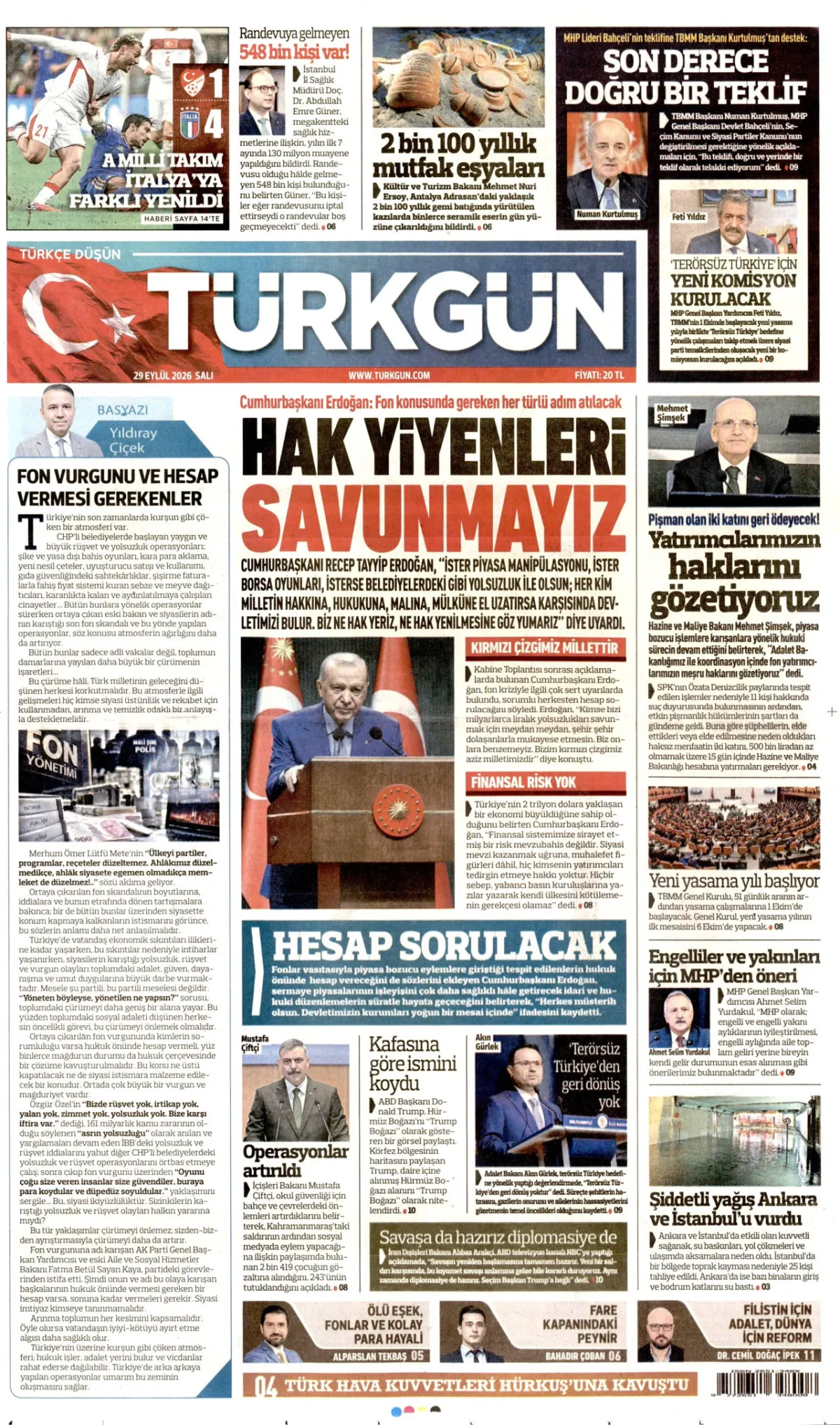 Türkgün birinci sayfa manşeti (30 Eylül 2026)
