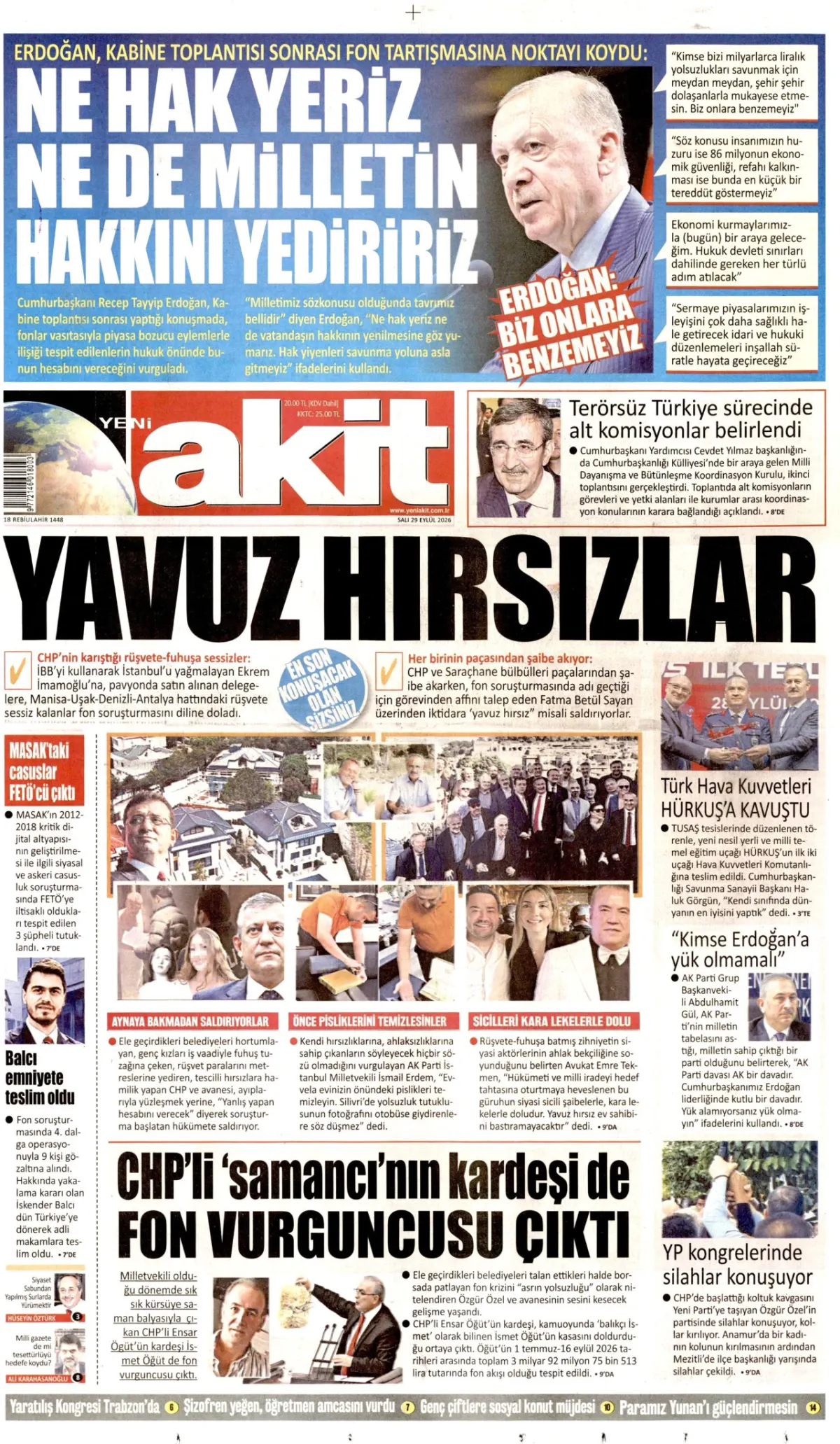 Yeni Akit birinci sayfa manşeti (30 Eylül 2026)