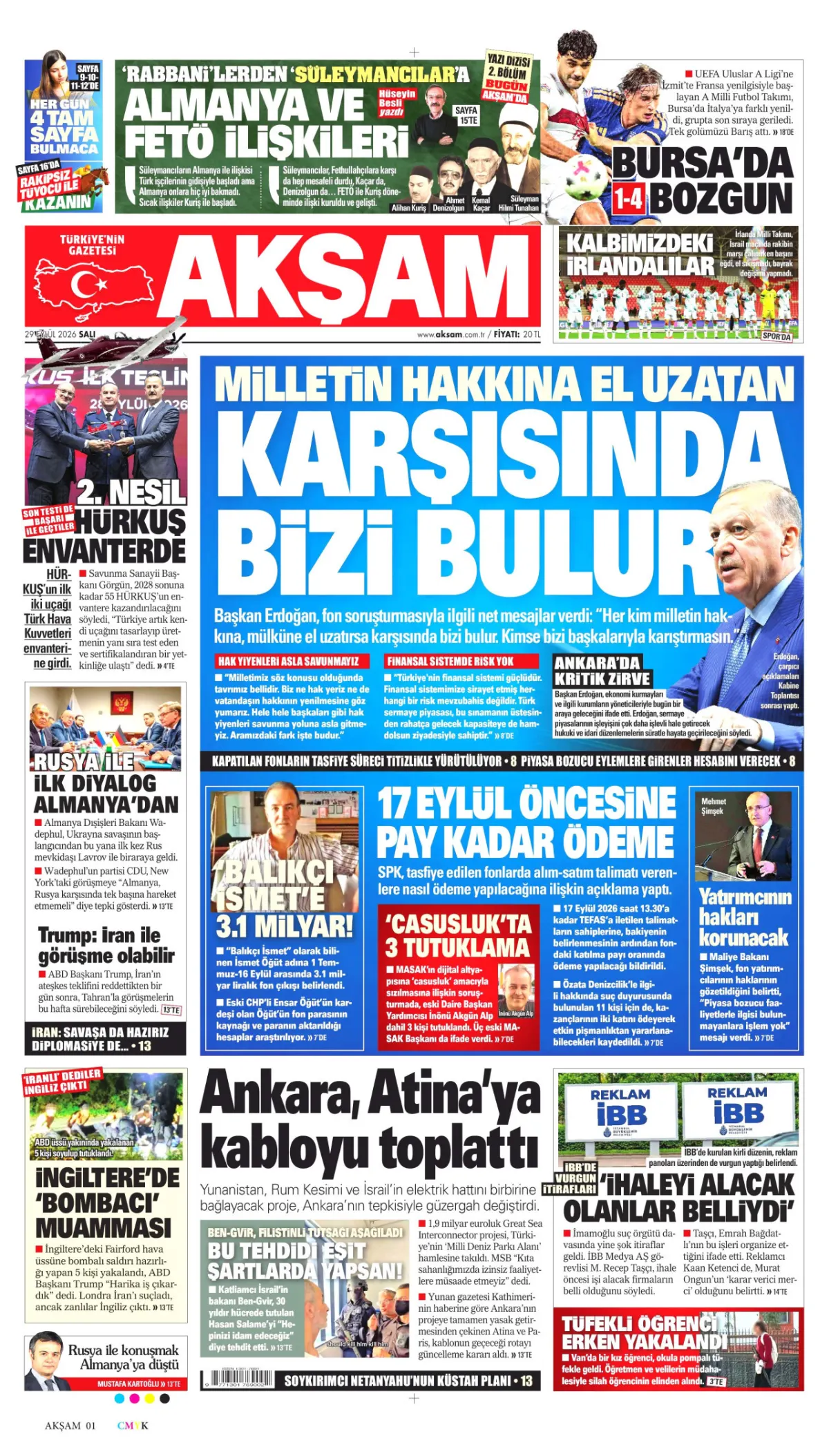 Akşam birinci sayfa manşeti (30 Eylül 2026)